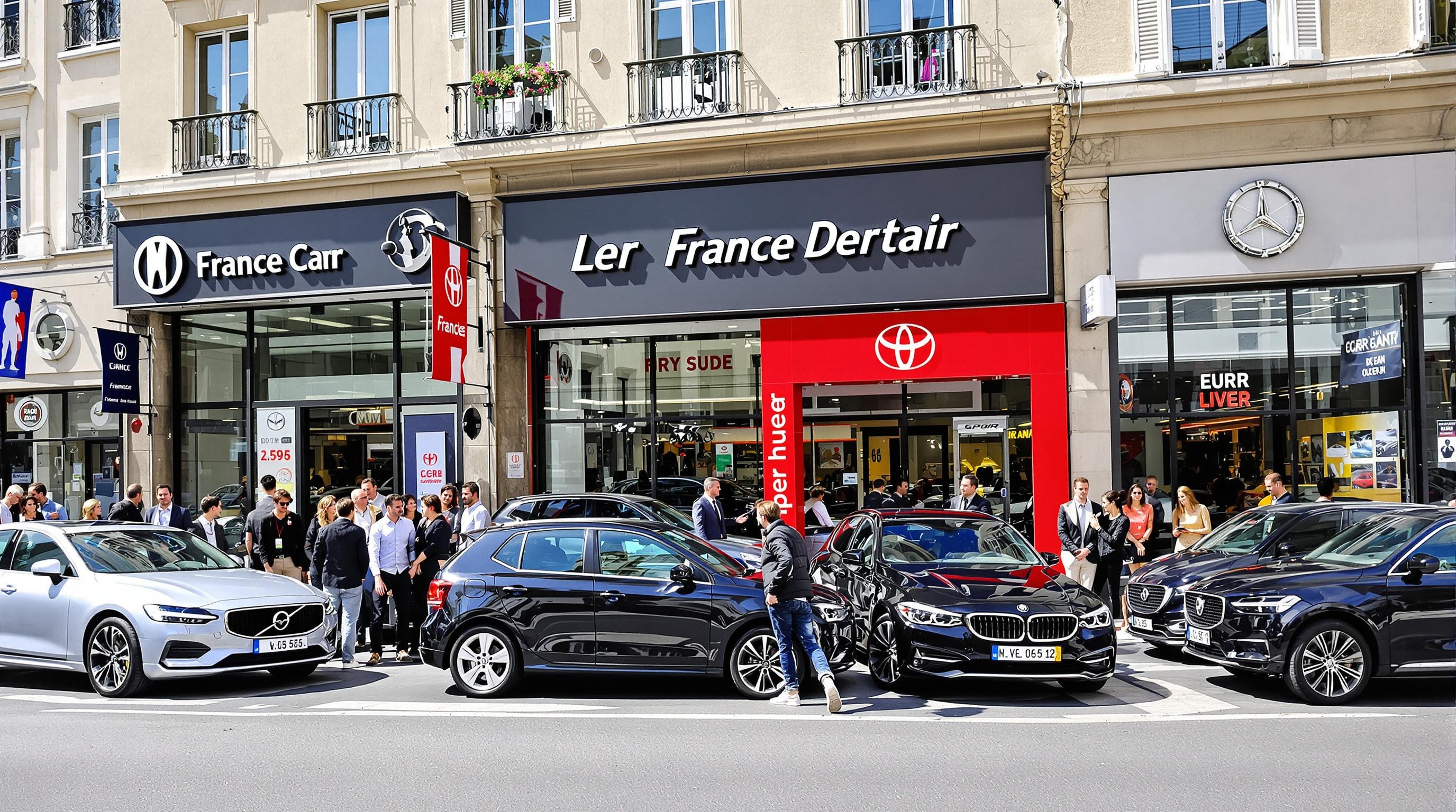 Rue animée française avec concessions automobiles, gens négociant pour des voitures neuves