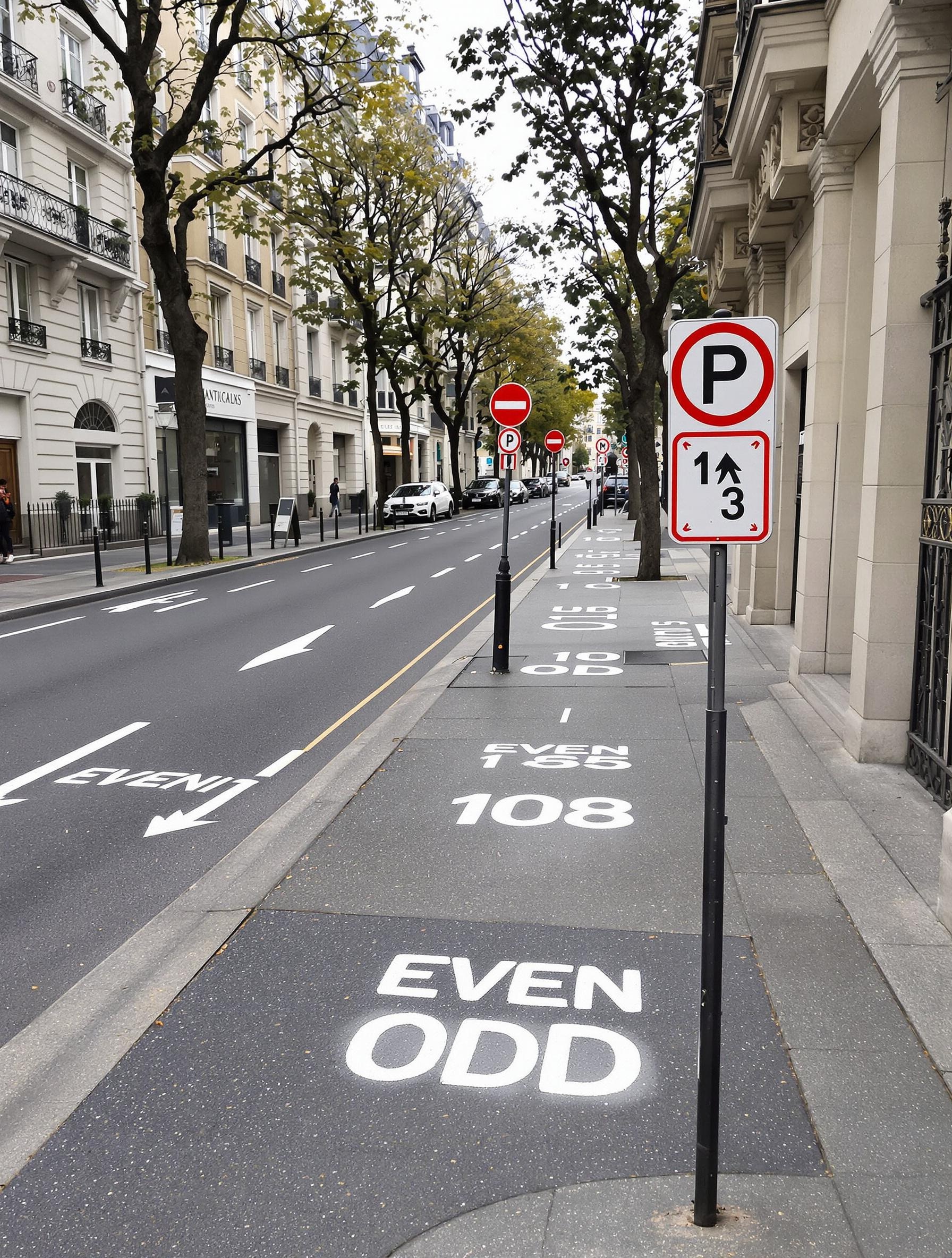 Panneaux de stationnement alterné sur trottoir, avec marquages au sol pour numéros pairs et impairs.