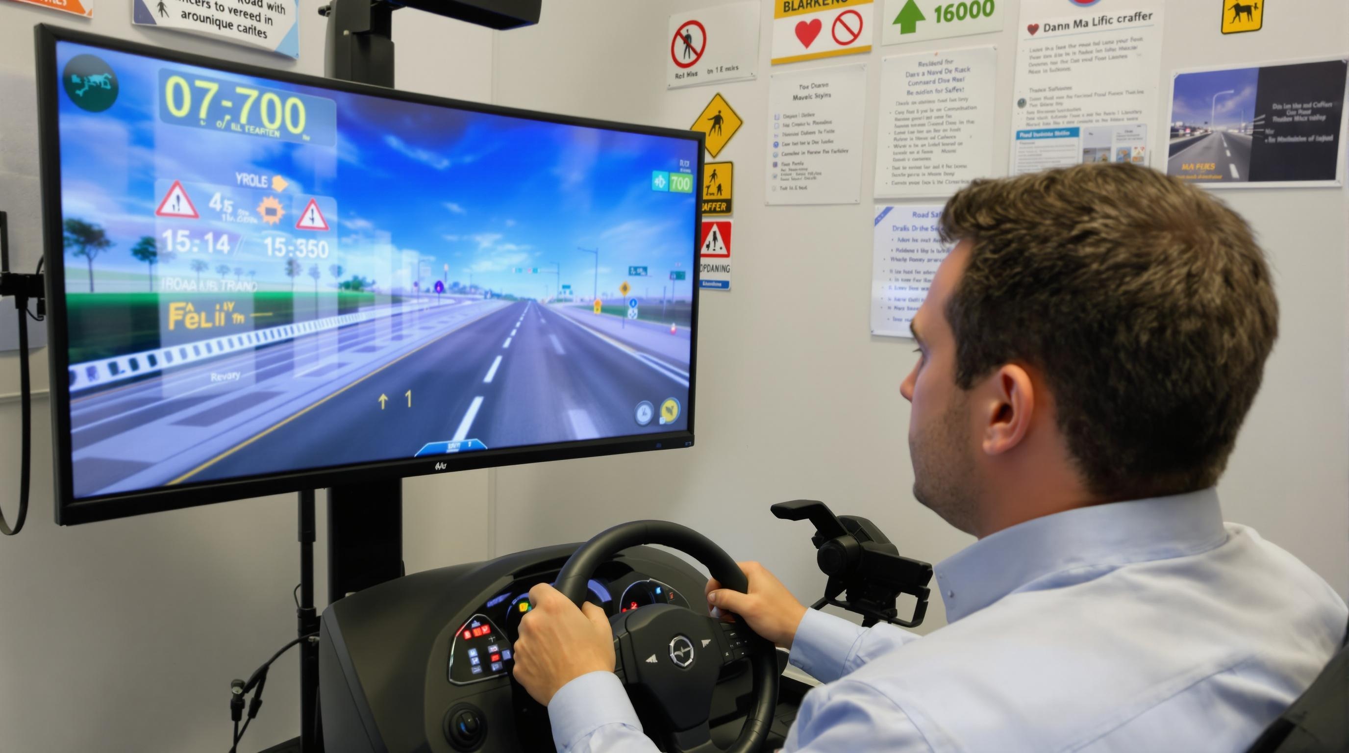 Employé utilisant un simulateur de conduite en entreprise