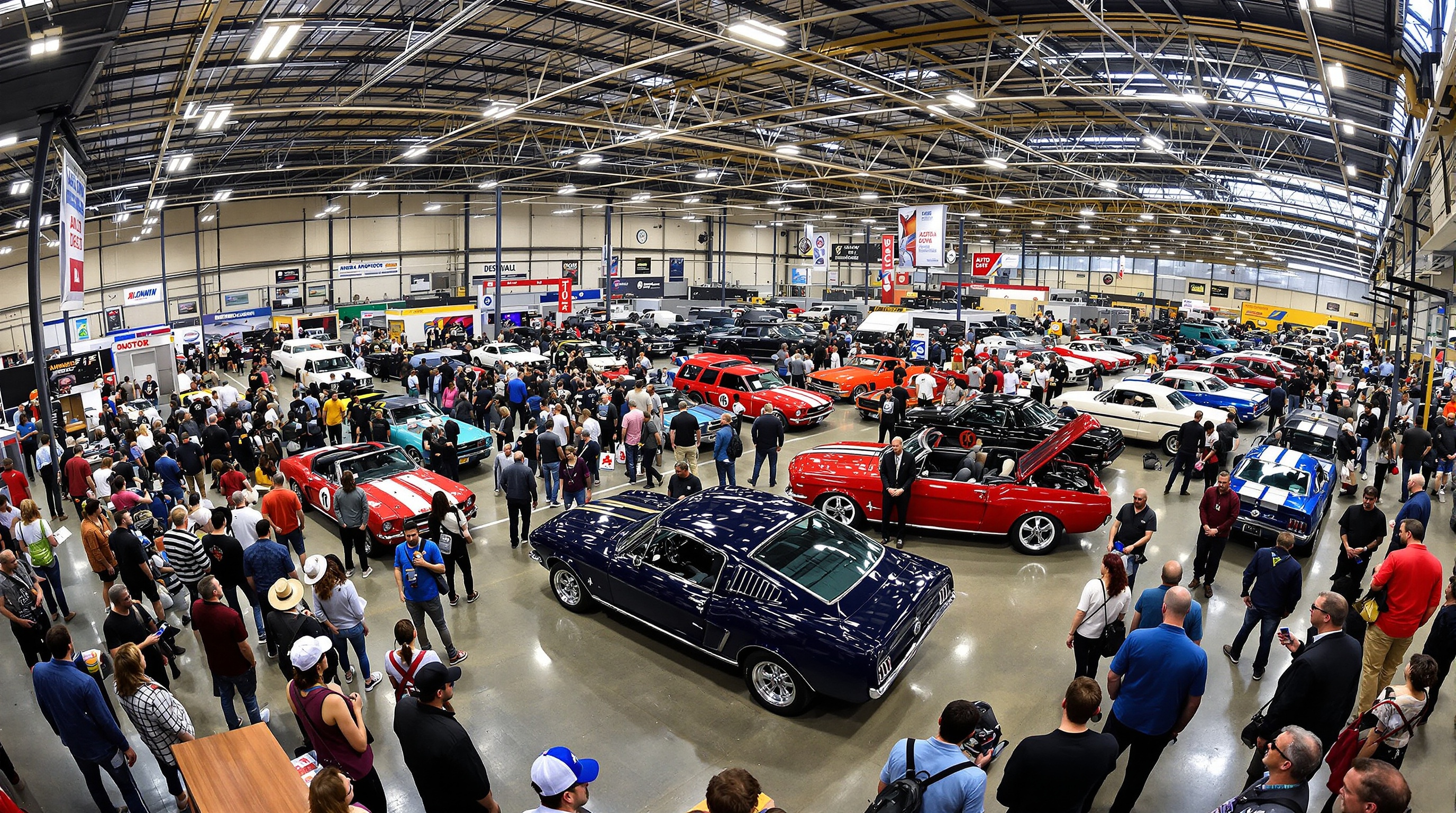 Vue intérieure du Salon Auto Moto Classic Toulouse 2025 au MEETT, avec des véhicules anciens rutilants, des exposants de pièces détachées et de restauration, une ambiance rétro, et la foule de passionnés admirant une Mustang américaine lors de l'American Day.