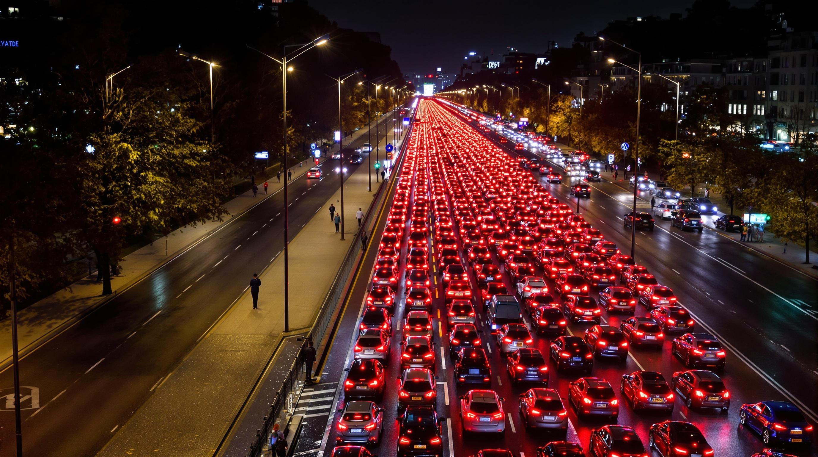 Embouteillage urbain de nuit en 2025, montrant une artère saturée avec des feux arrière rouges.