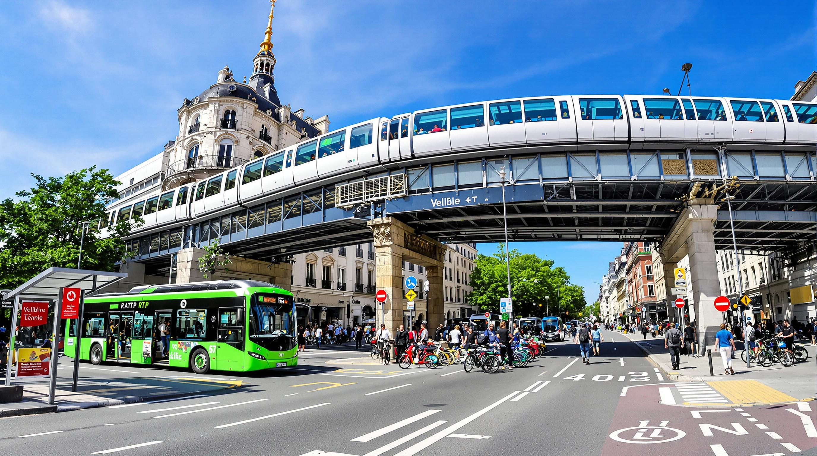 Scène urbaine à Paris montrant un bus RATP, une rame de métro aérienne, des vélos Vélib', des trottinettes en libre-service et des piétons sur une piste cyclable, sous un ciel dégagé.
