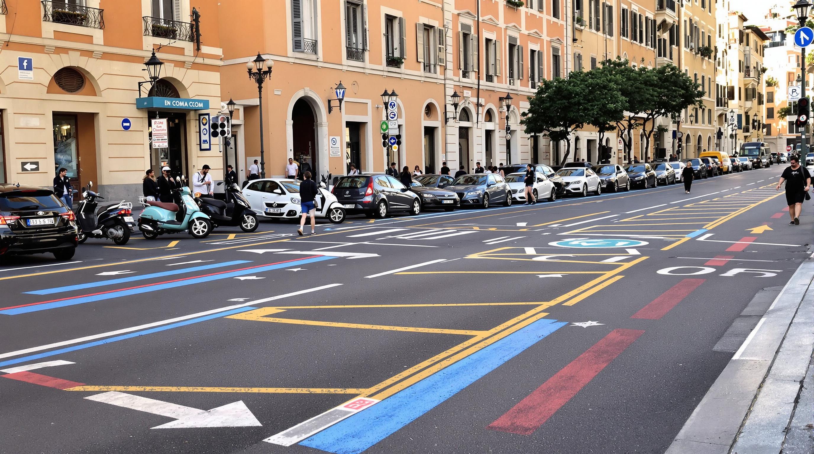 Stationnement à Rome : lignes blanches, bleues et jaunes