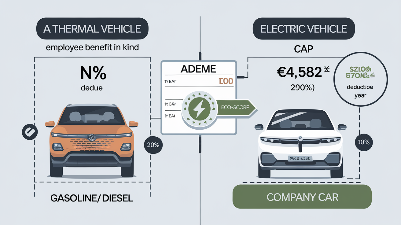 Schéma comparatif du calcul de l'avantage en nature pour les véhicules thermiques et électriques avec abattement ADEME