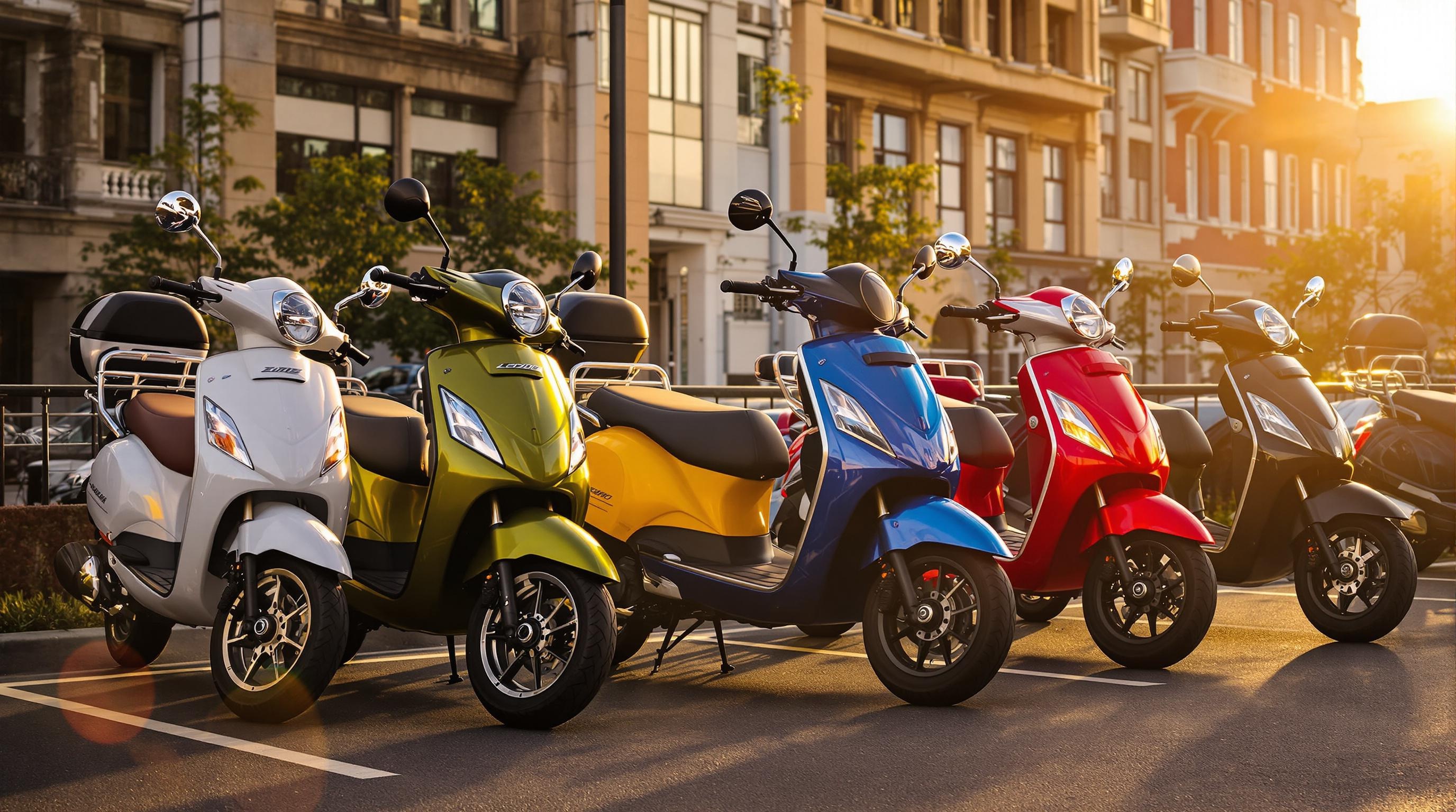 Top 5 des scooters trois roues d'occasion alignés sur un parking urbain au coucher du soleil