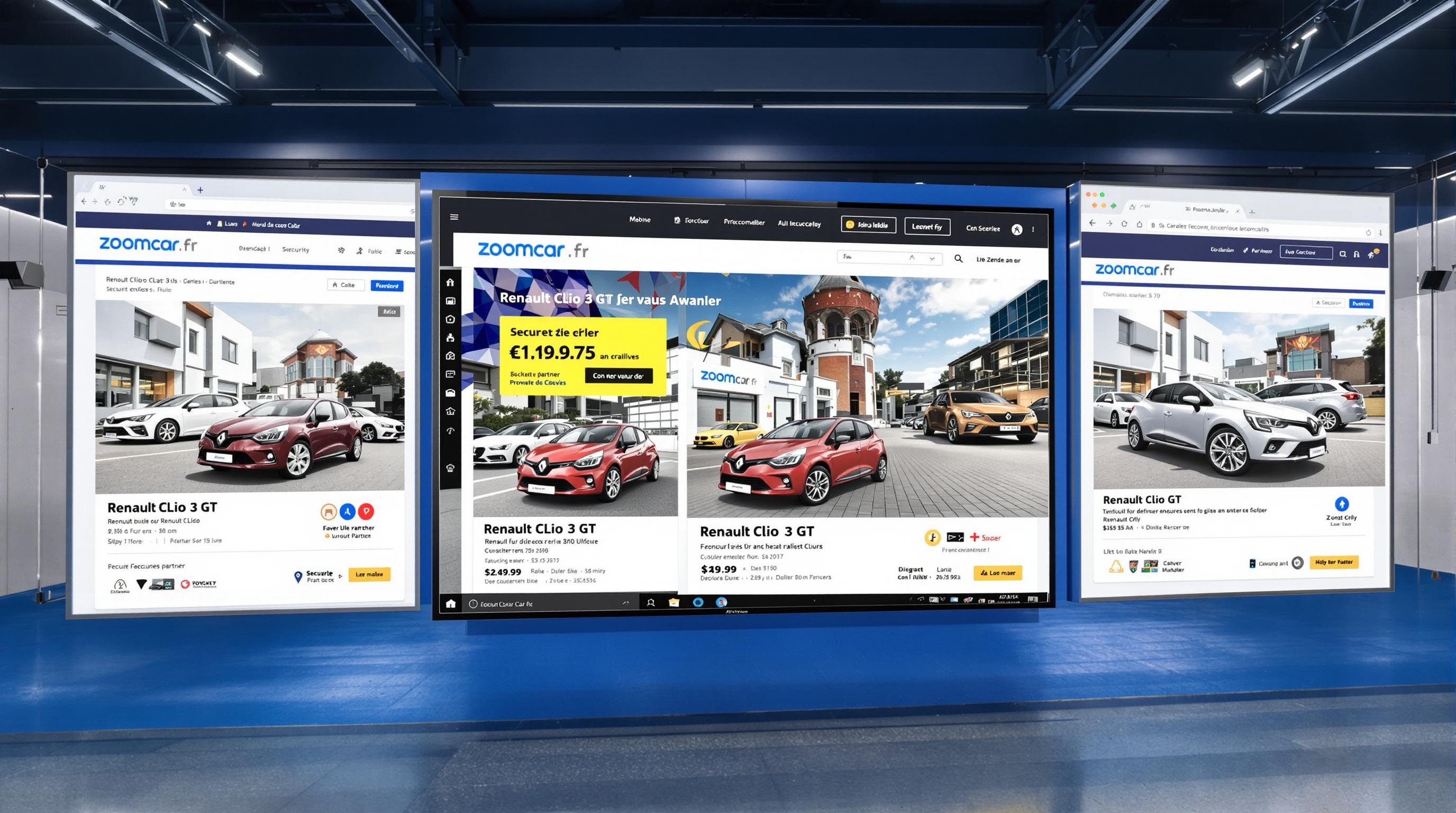 Showroom digital de Zoomcar.fr avec annonces Renault Clio 3 GT et sécurité professionnelle