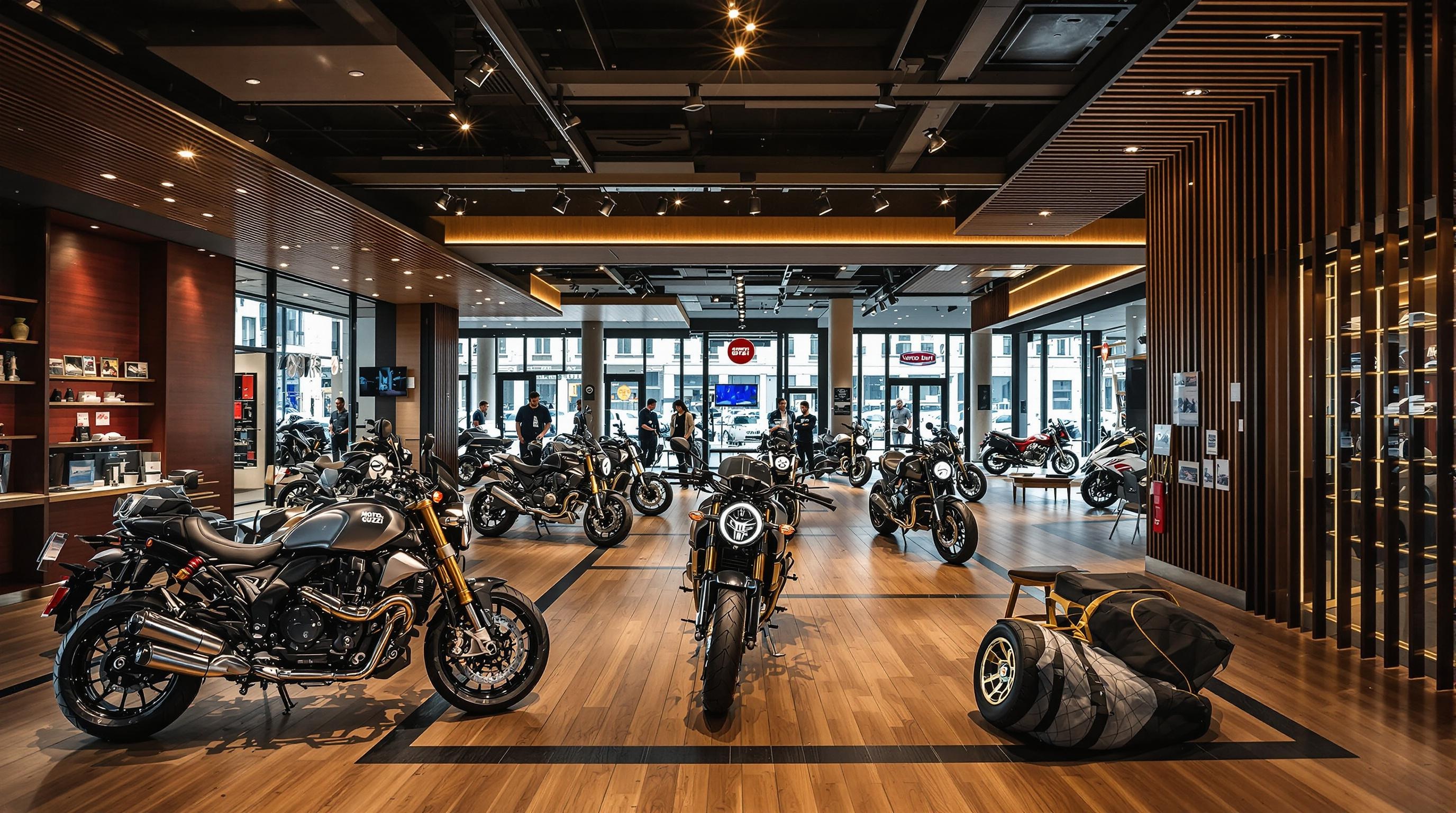 Concessionnaire Moto Guzzi moderne à Paris, showroom avec motos en exposition et espace d'essai, ambiance haut de gamme italienne.