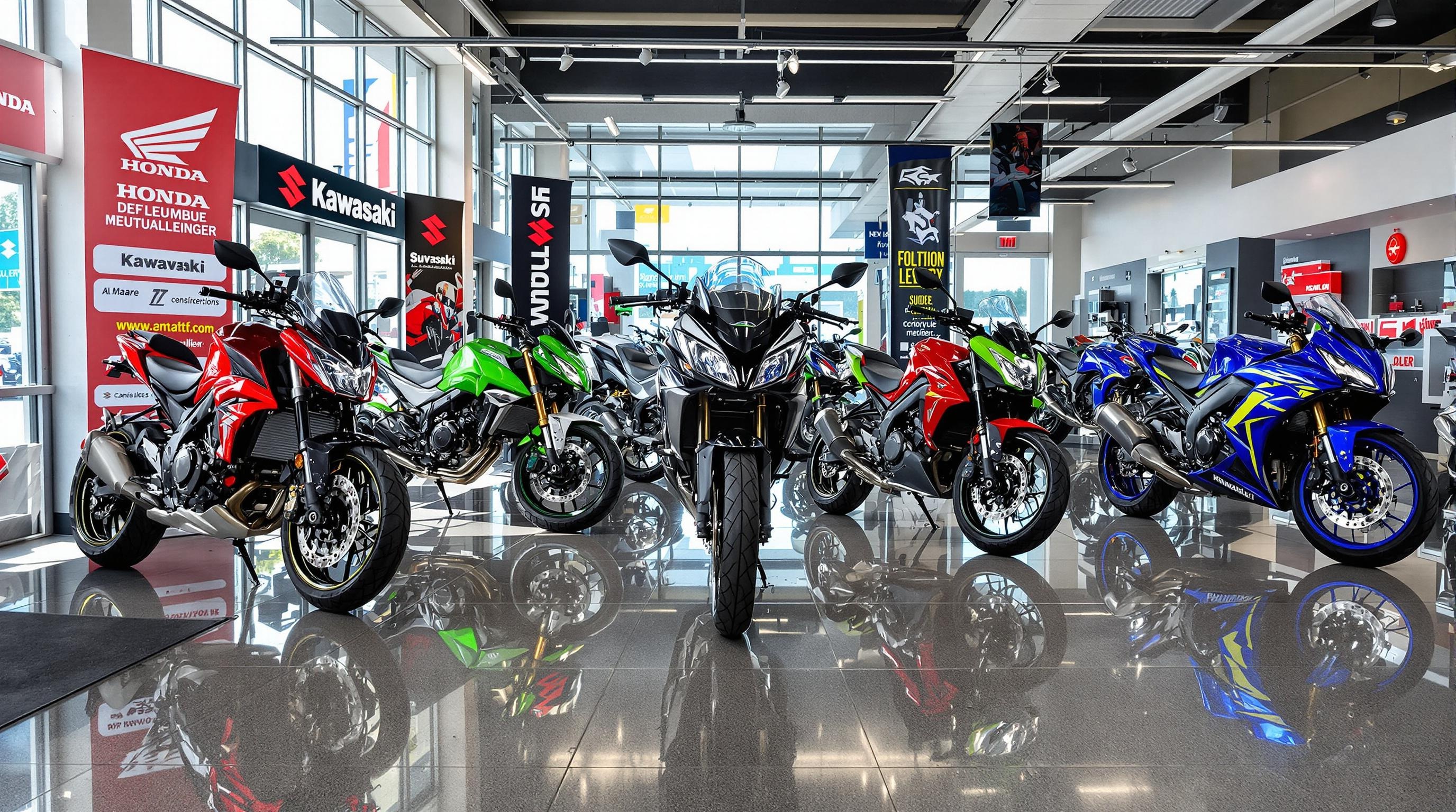 Vue frontale du showroom Rennes Motos, alignement Honda, Kawasaki, Suzuki.
