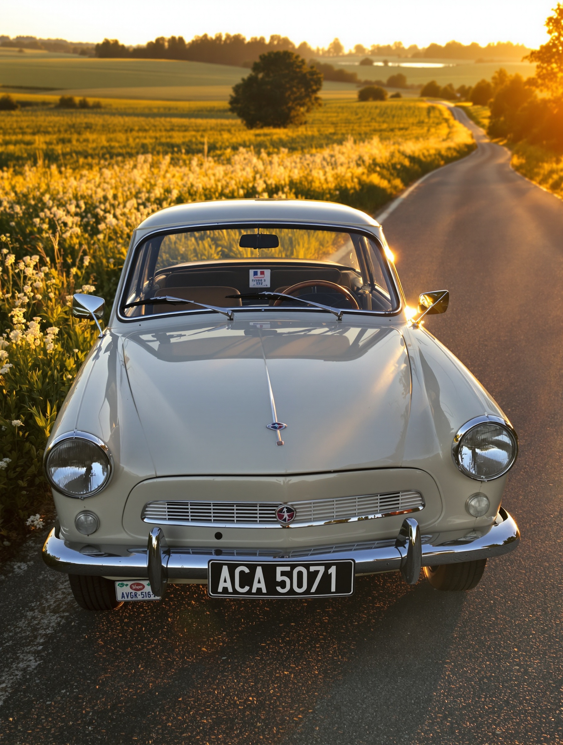 Simca Aronde roulant dans une campagne française
