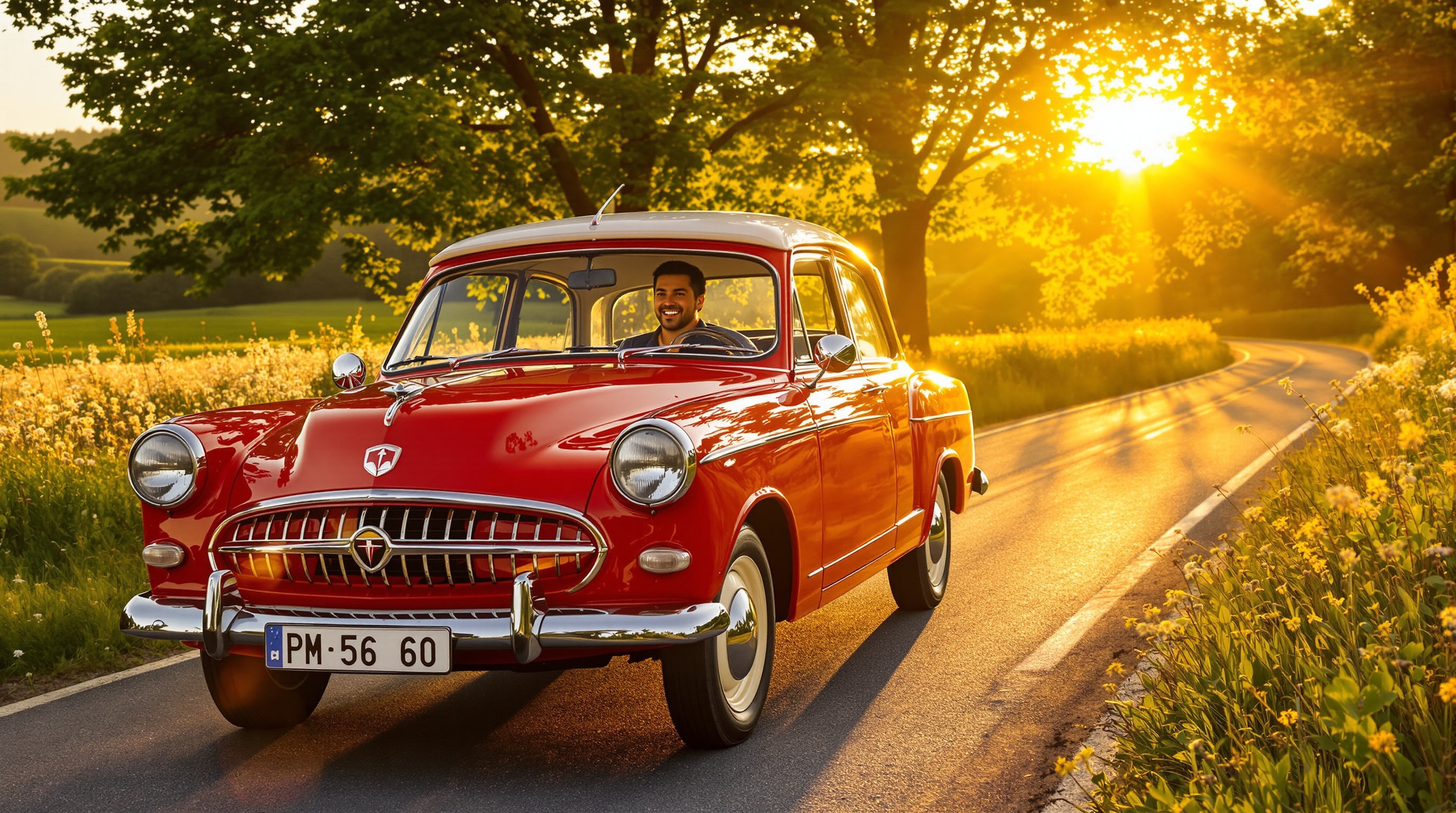 Simca Aronde P60 en mouvement, toujours sur les routes en 2024