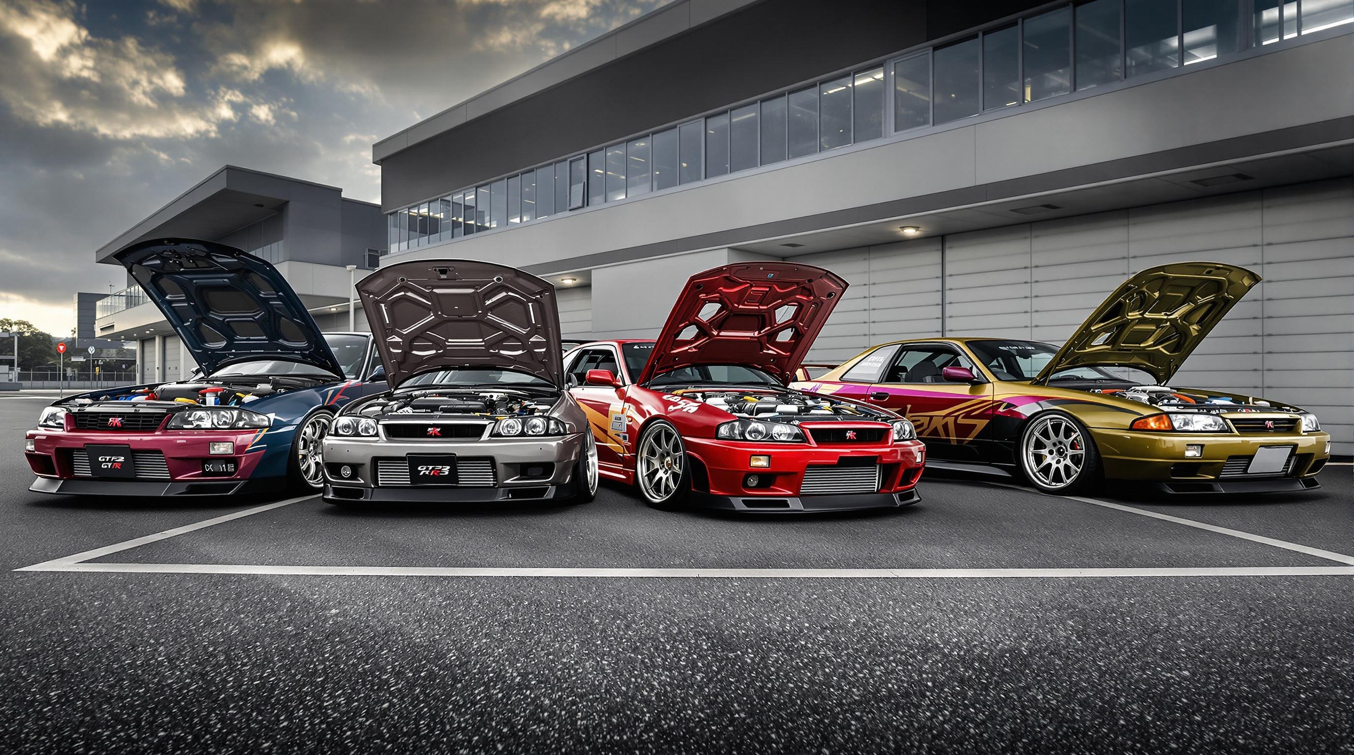 Toutes les générations Skyline GT-R alignées sur une piste, moteur exposé