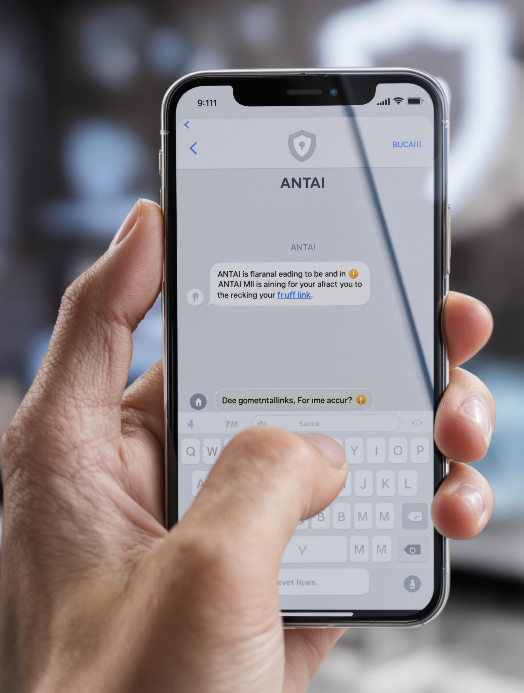 Main hésitante s'apprêtant à cliquer sur un faux SMS ANTAI