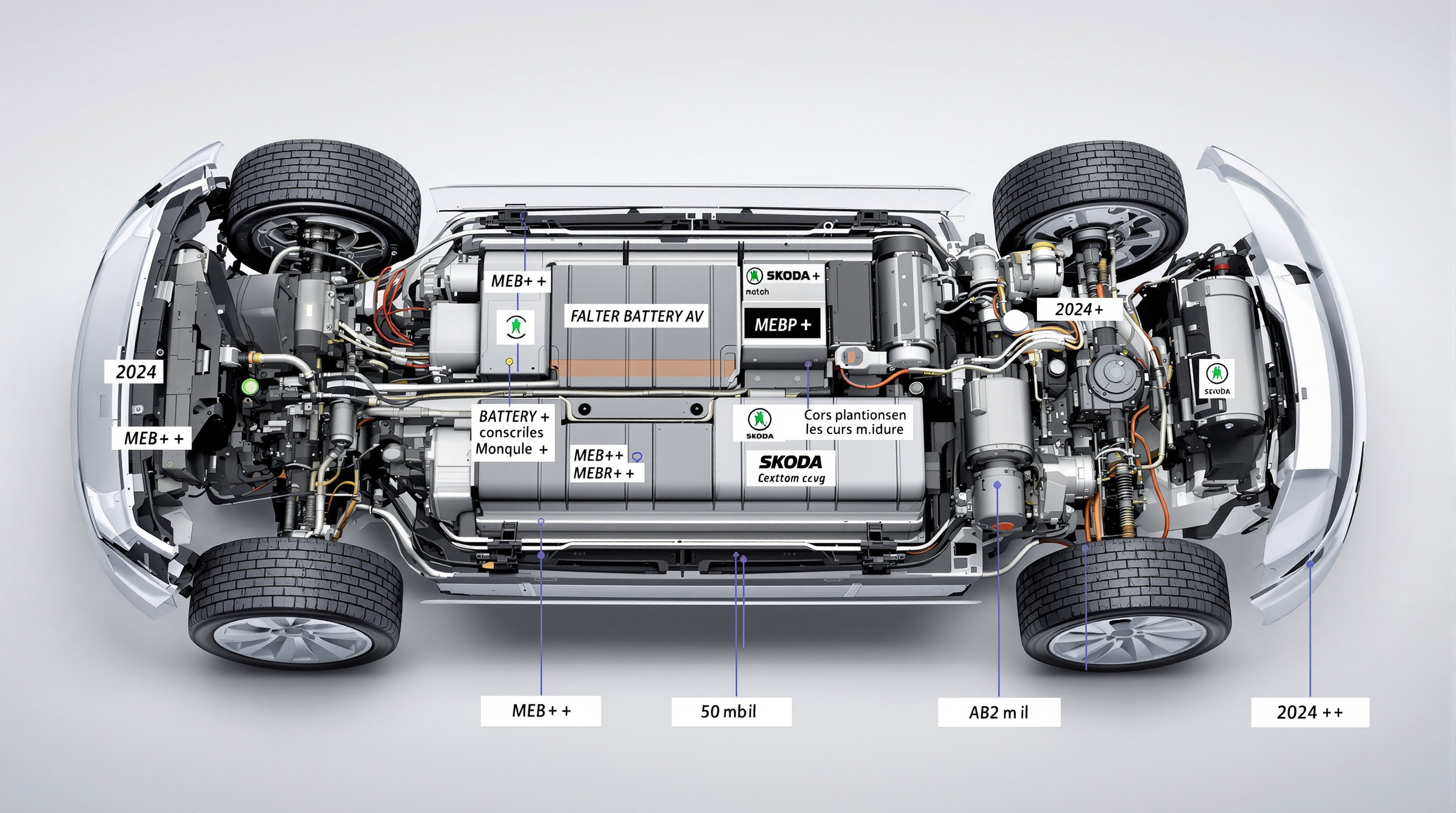 Architecture technique plateforme MEB+ Škoda batterie moteur recharge rapide