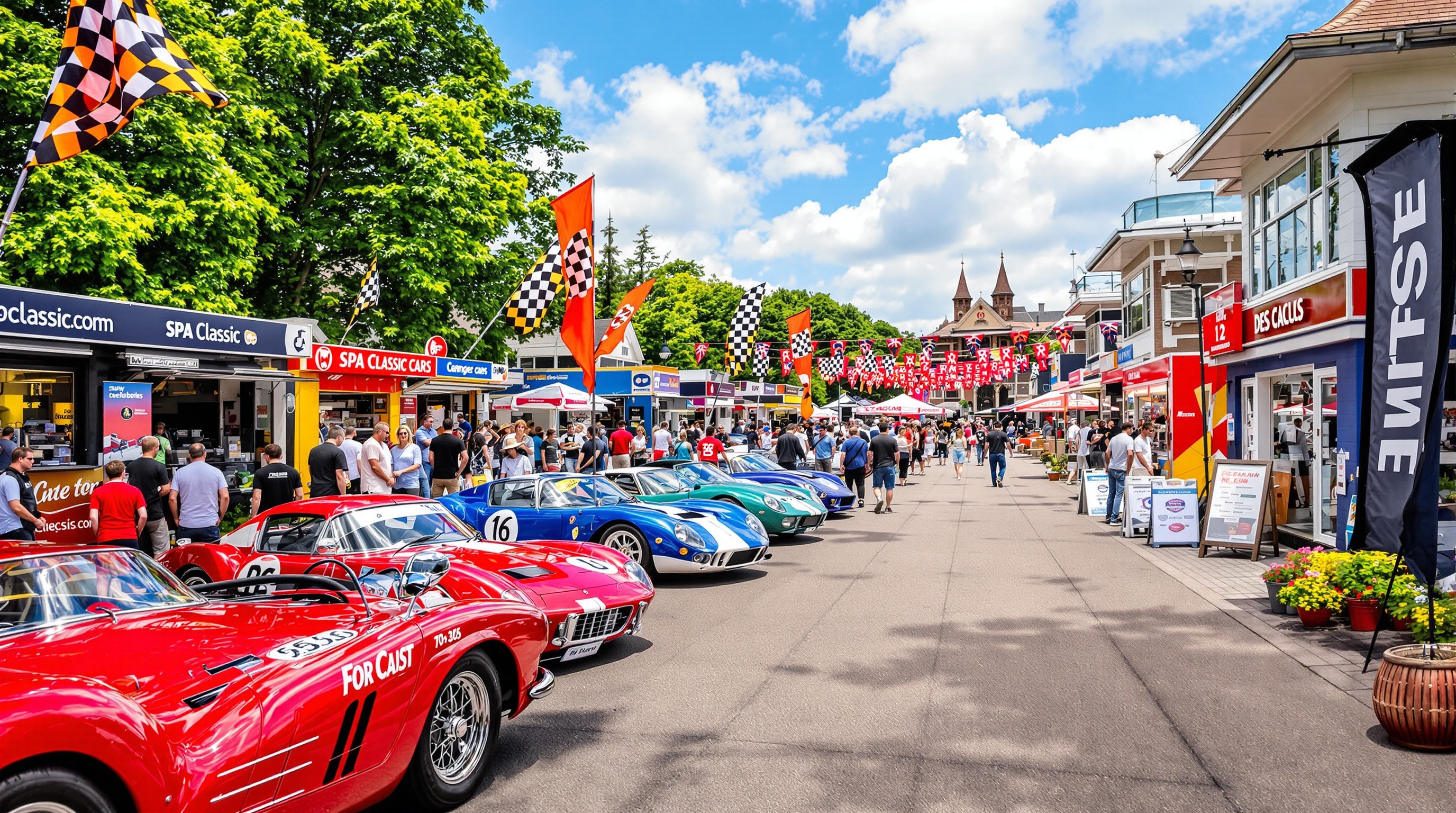 Vue du village Spa Classic avec stands bolides ambiance passionnés