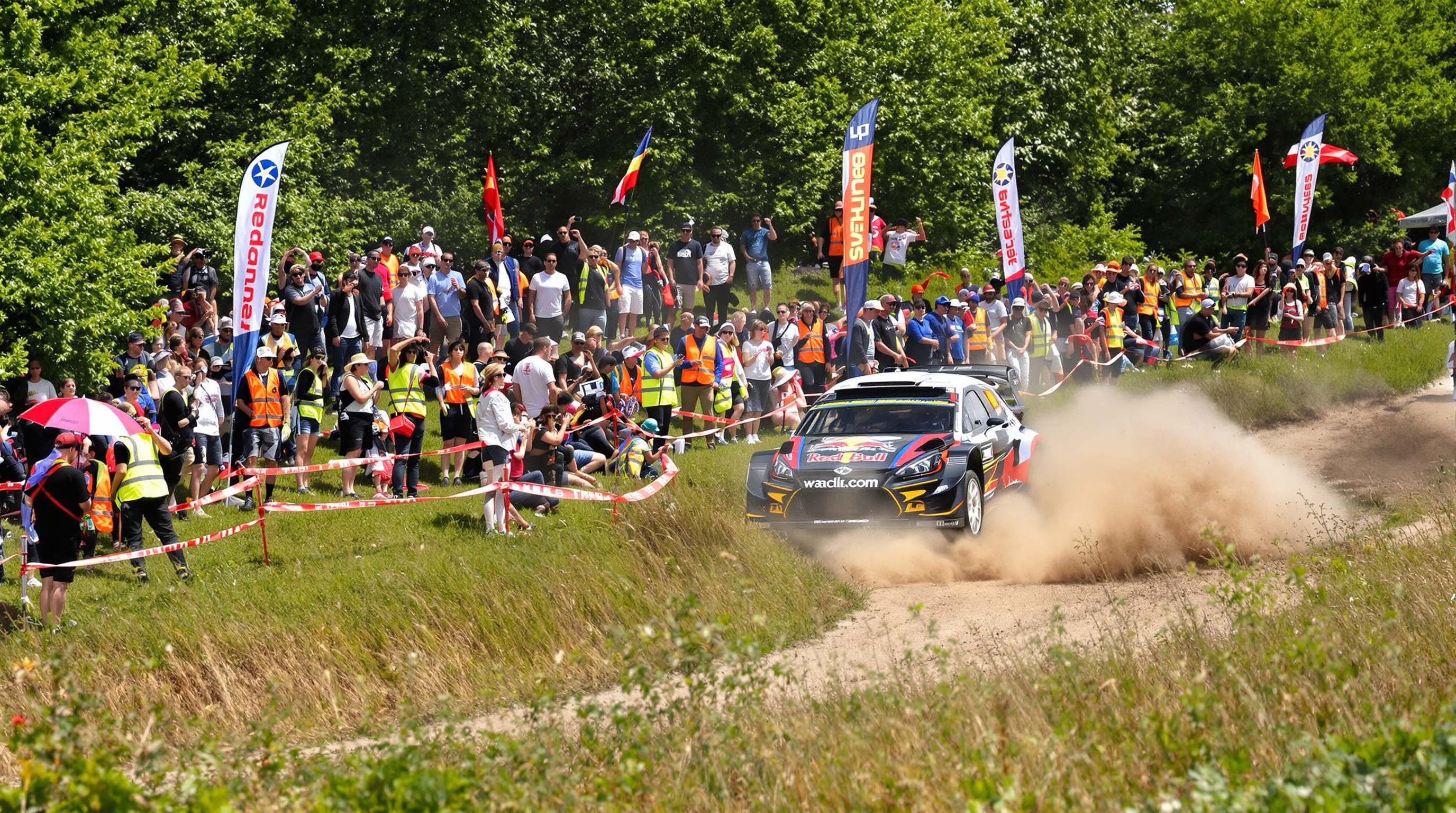 Spectateurs alignés sur un talus sécurisé lors d'un passage du Rallye du Mans 2025