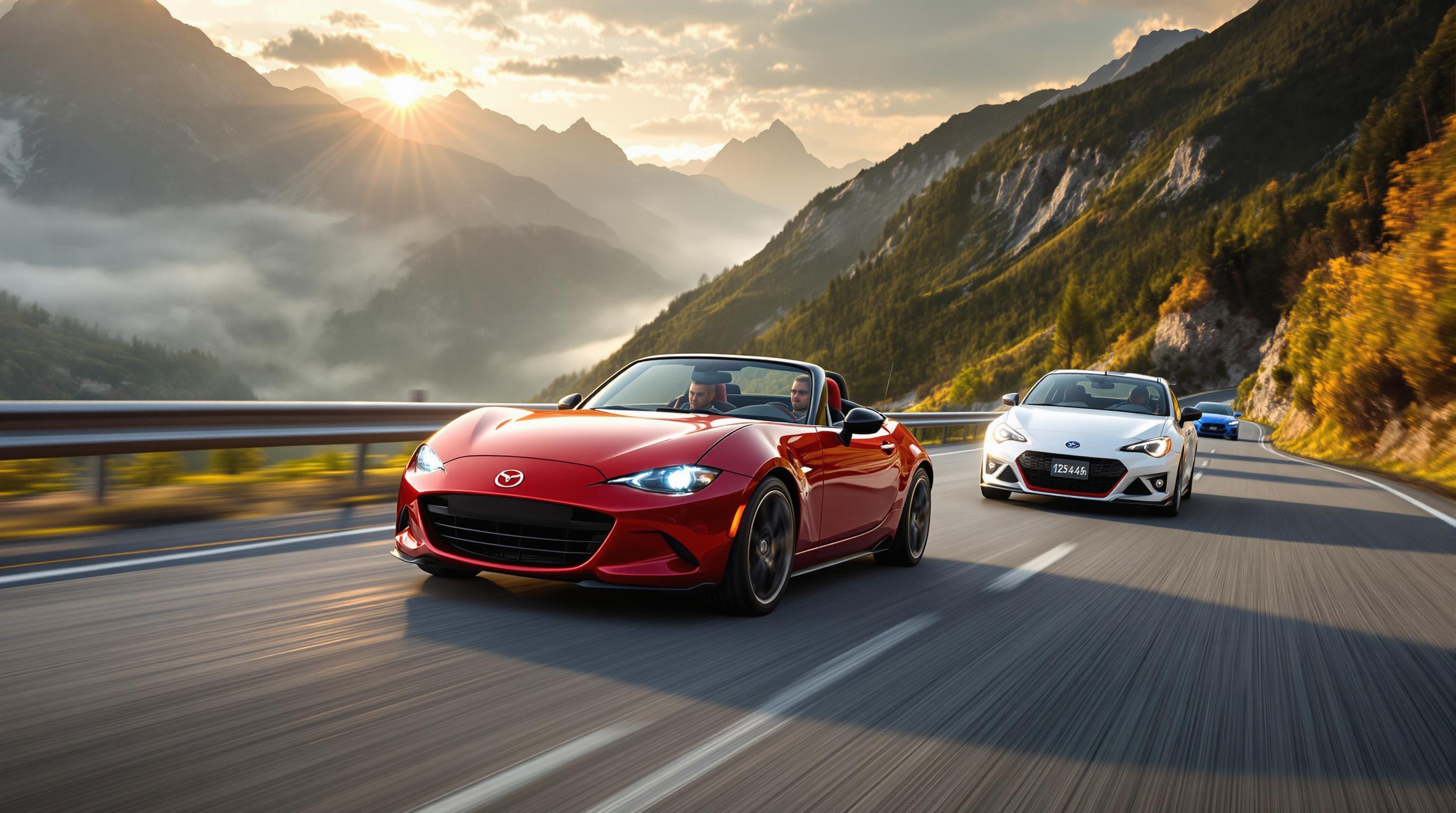 Sportives japonaises Mazda MX-5, Subaru BRZ et Toyota GR Yaris en montagne au lever du soleil