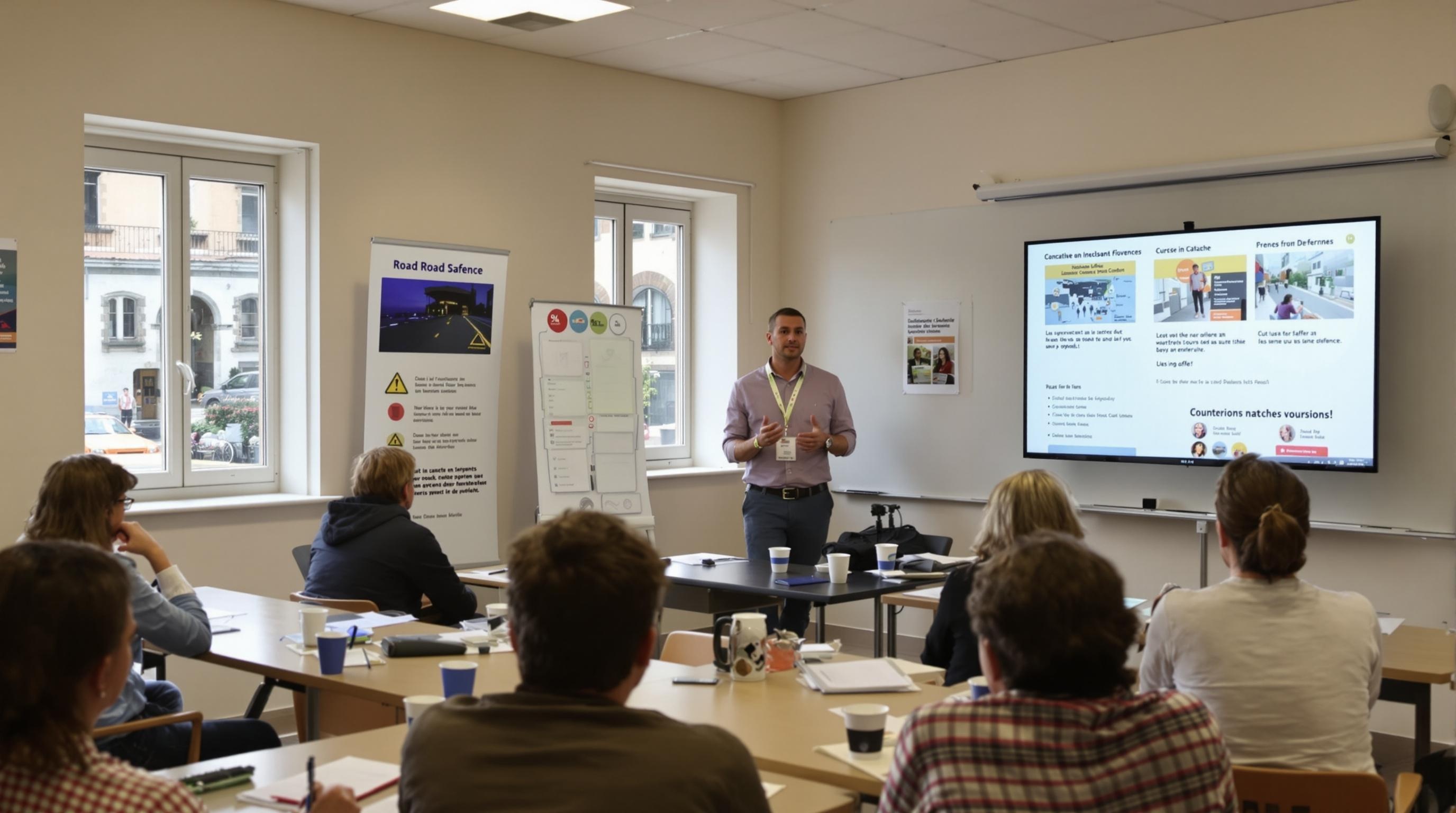 Stage de sensibilisation à la sécurité routière en salle avec formateur et participants.