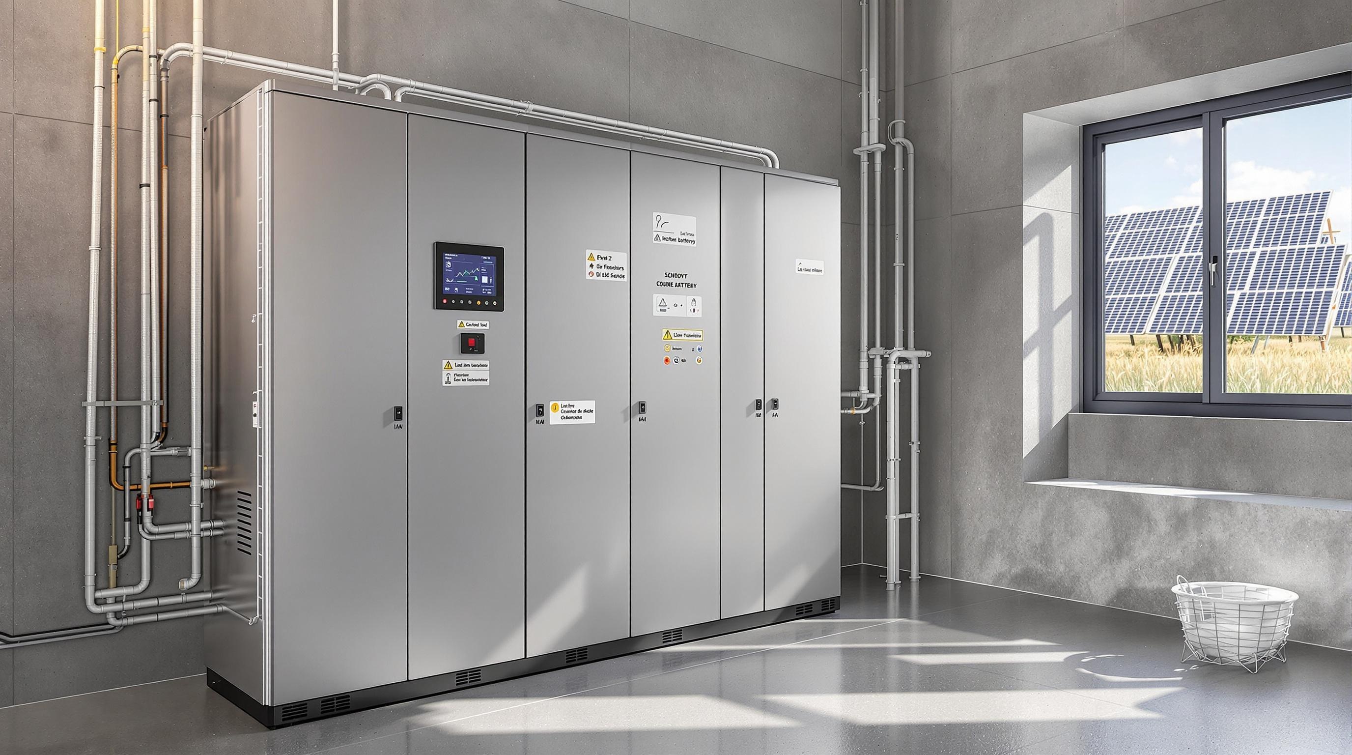 Système de stockage stationnaire domestique utilisant des batteries de seconde vie provenant de véhicules électriques, avec une grande armoire connectée au réseau et des panneaux solaires