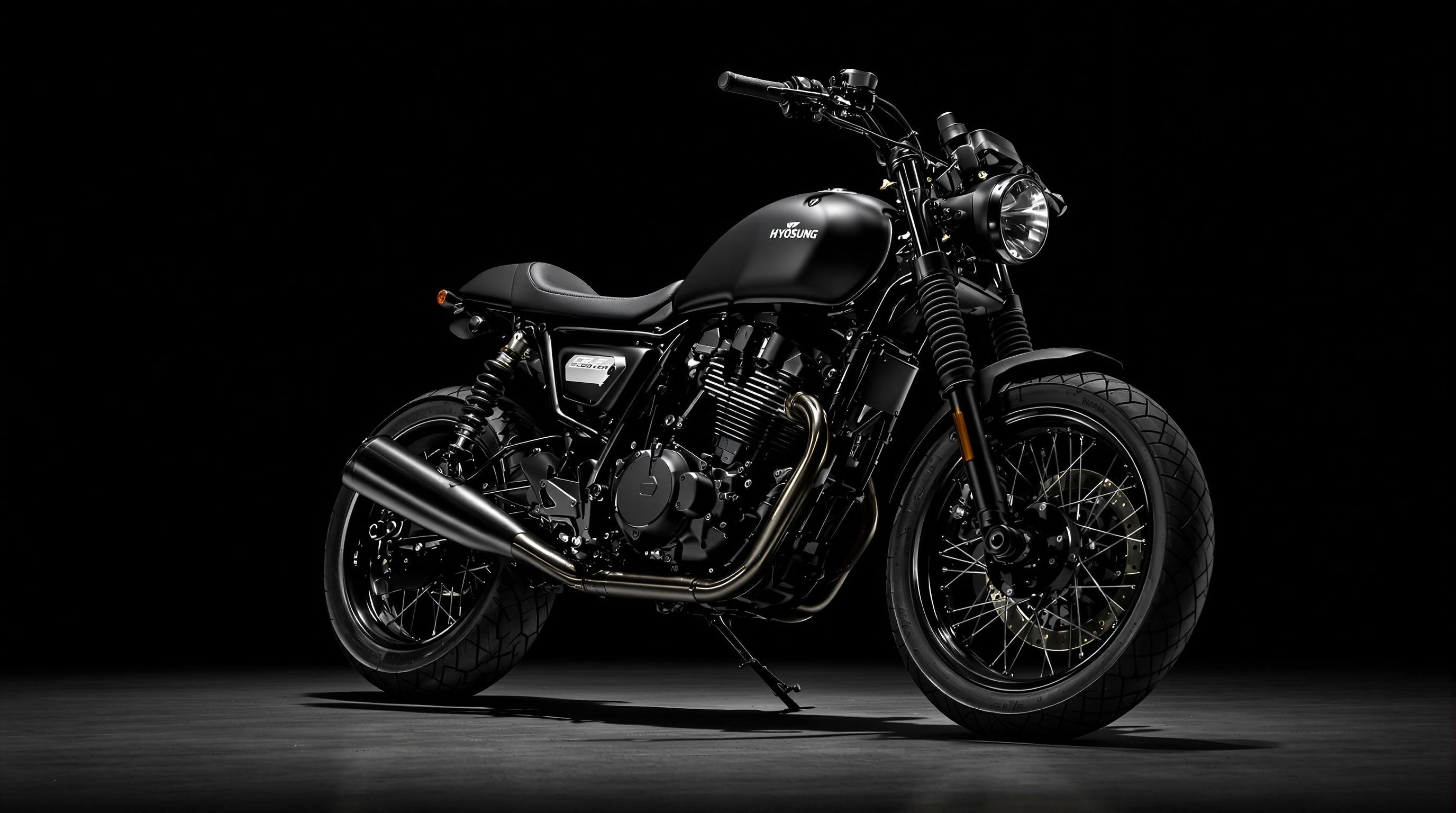 Hyosung Bobber 125 noire customisée avec crash bars et prise USB