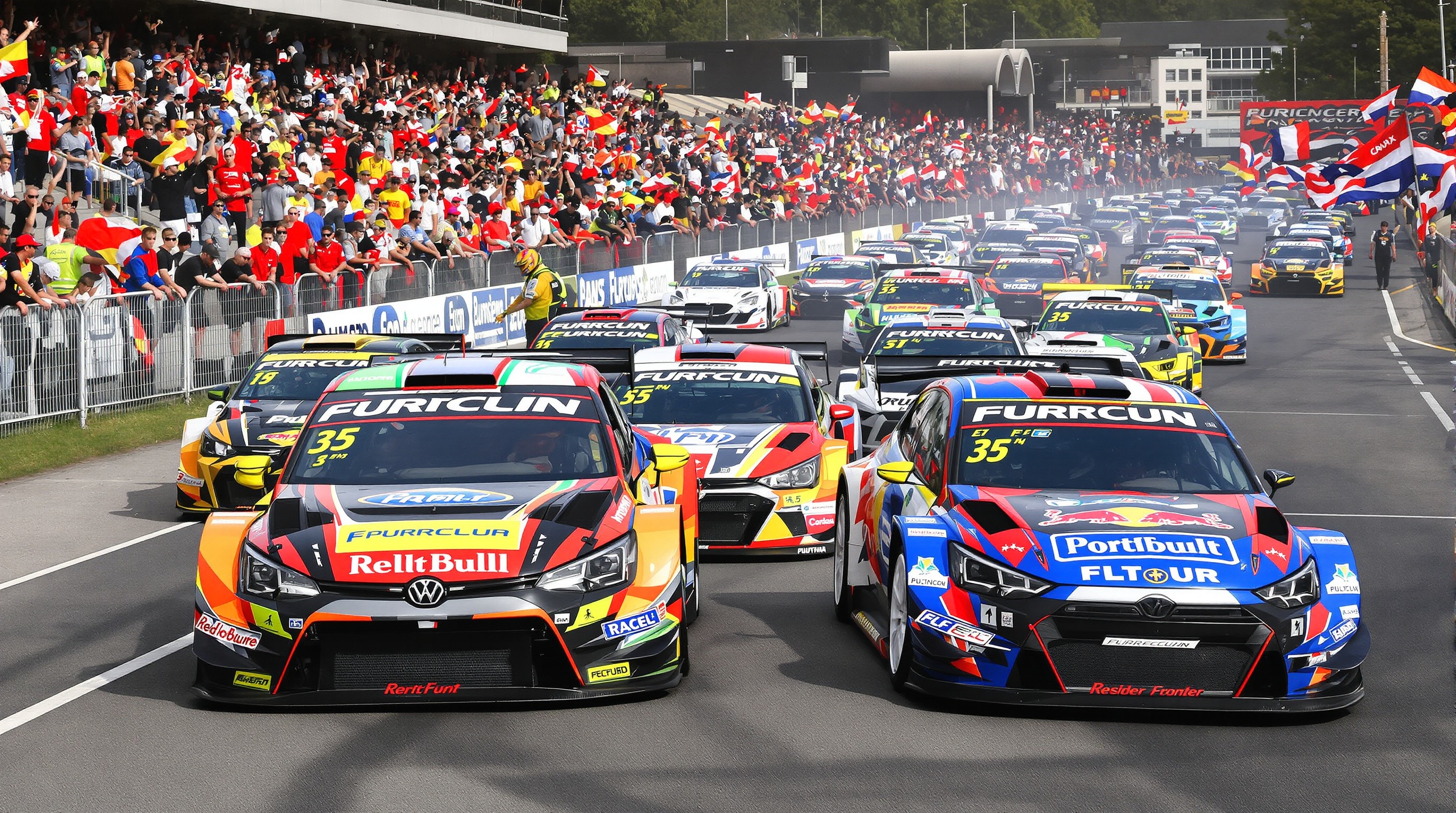 Supercars de rallycross alignées sur la grille du circuit Maurice Forget à Mayenne, avec des voitures Junior et Division 3/4 en arrière-plan, atmosphère électrique et public enthousiaste en tribunes, look agressif et décos racing visibles