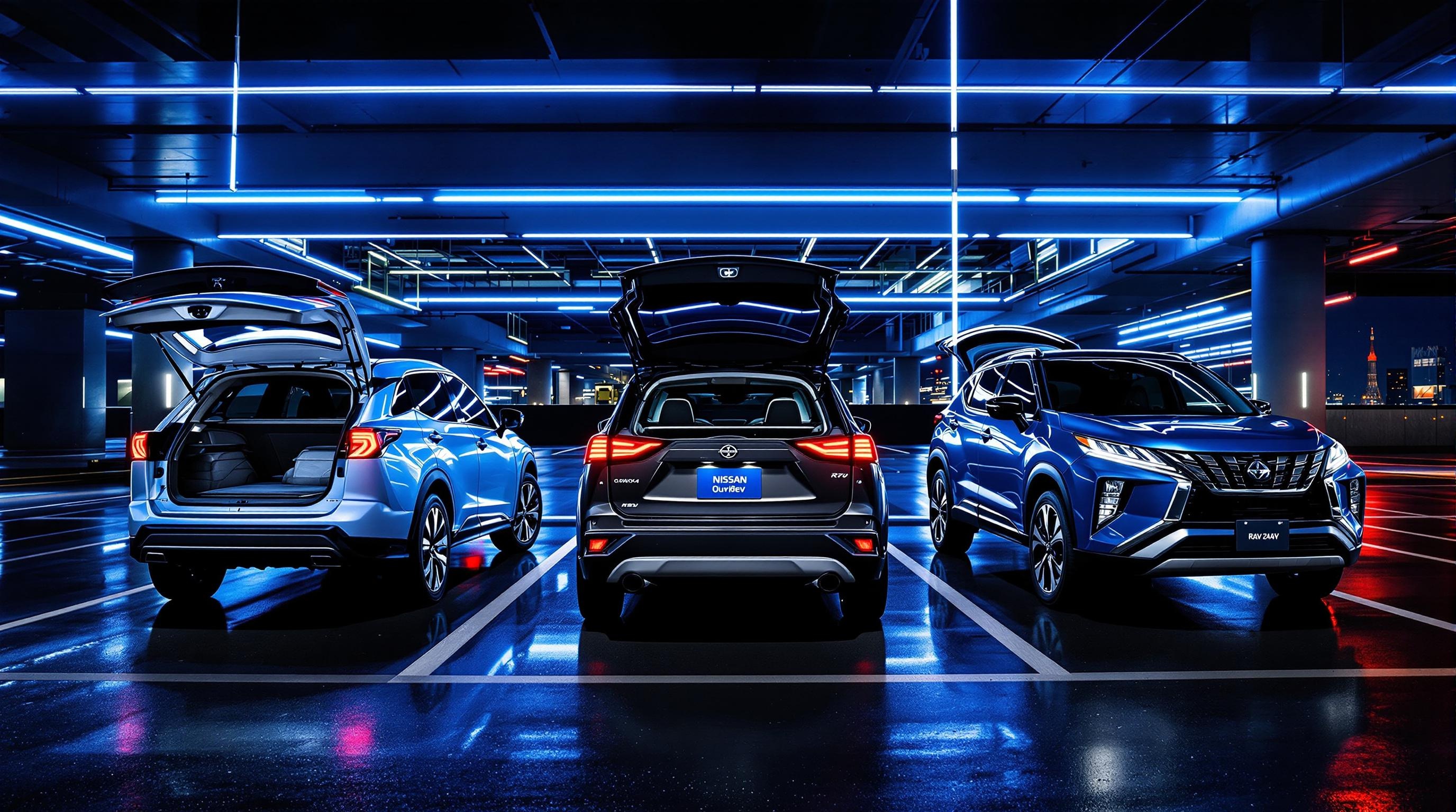SUV japonais Toyota RAV4, Nissan Qashqai et Mitsubishi Outlander PHEV de nuit