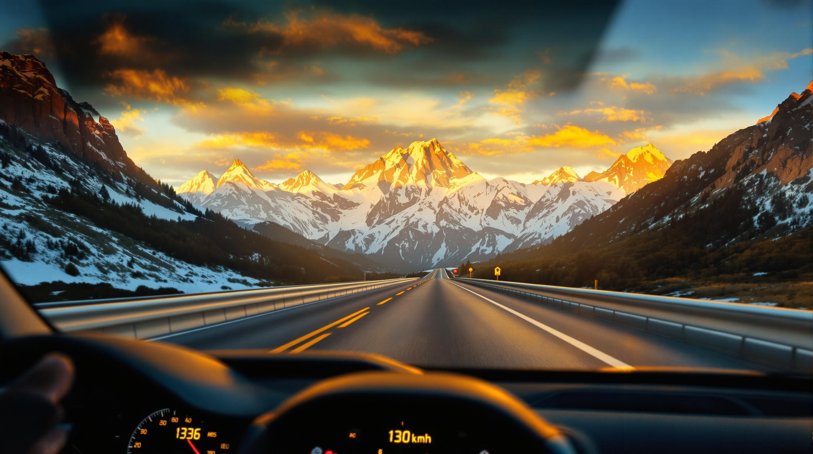 Tableau de bord montrant 130 km/h sur l’autostrade A36 avec montagnes alpines
