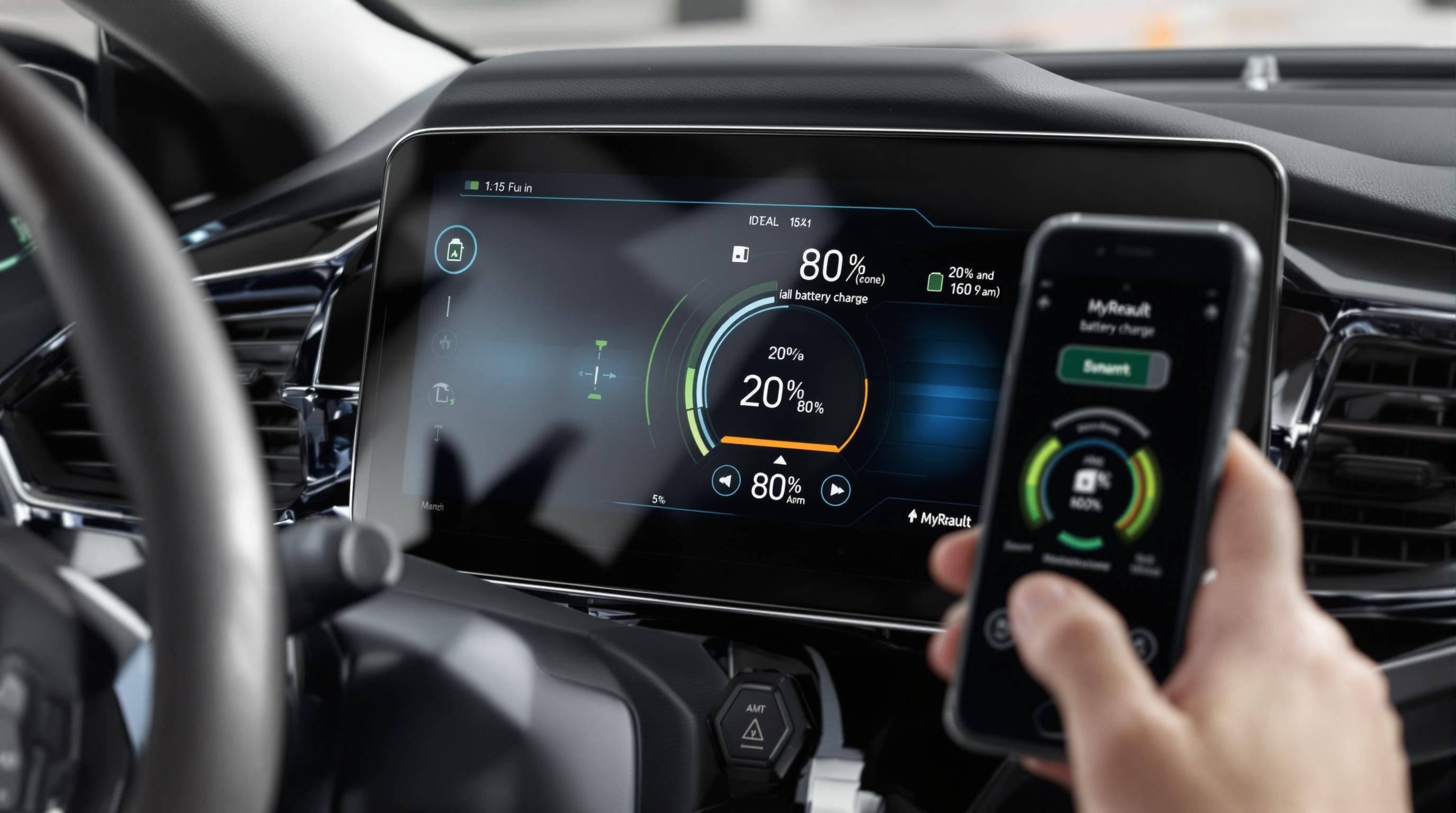 Tableau de bord Renault affichant la plage de charge idéale entre 20 et 80% pour préserver la batterie d'un véhicule électrique, avec une interface MyRenault visible sur un smartphone