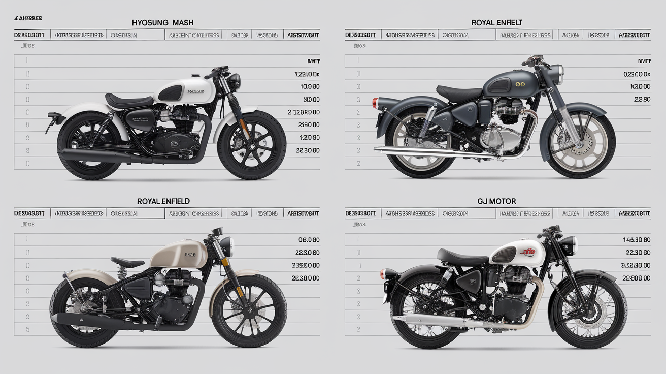 Tableau comparatif technique des bobbers Hyosung, Mash, Royal Enfield et QJMotor