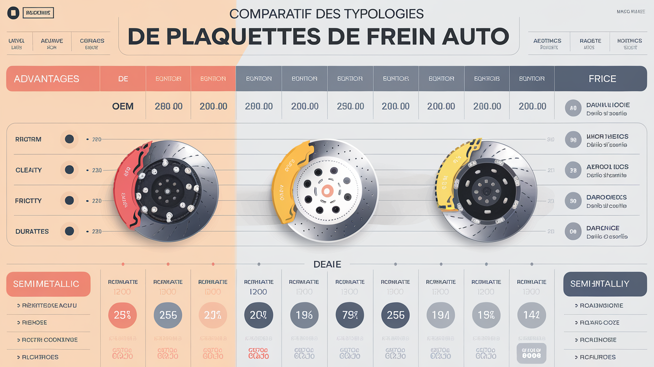 Tableau comparatif typologies plaquettes frein auto OEM céramique semi-métallique leurs avantages et coefficients de friction/durabilité