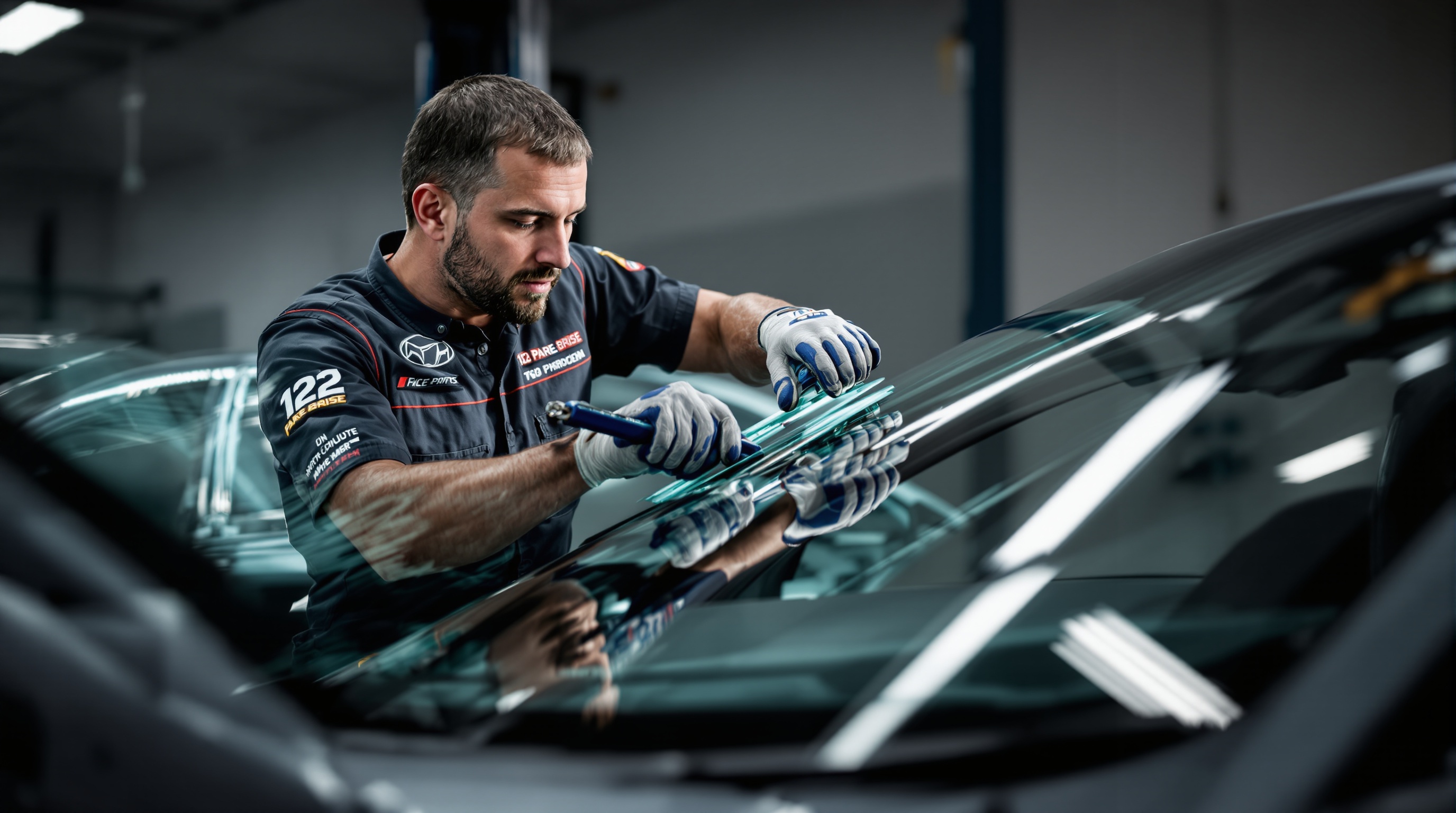 Technicien qualifié de 123 Pare-Brise posant minutieusement un pare-brise neuf sur une voiture moderne
