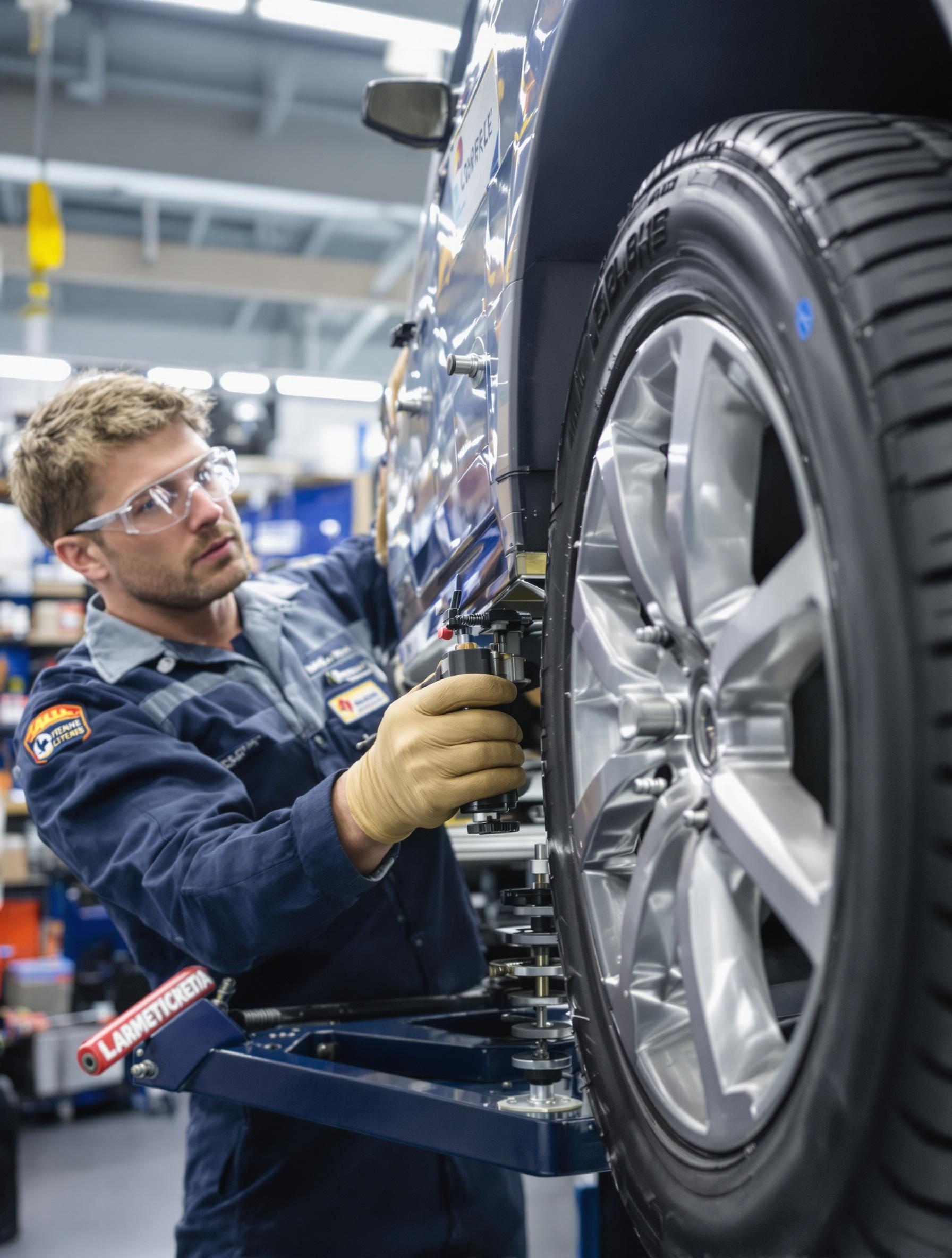 Technicien ajustant pneu à la jante sur machine spécialisée
