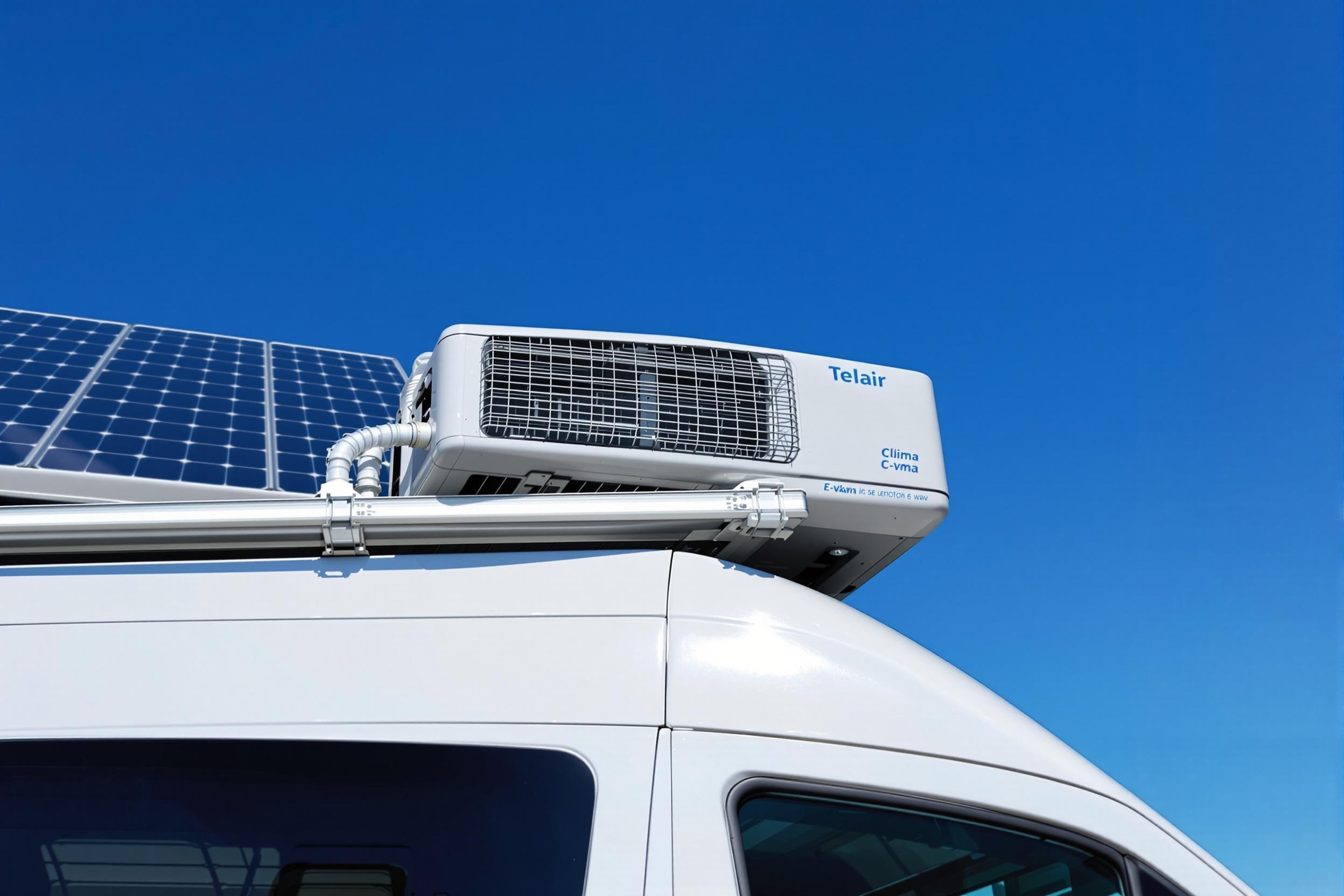 Telair Clima E-Van parfaitement posé sur le toit d’un fourgon aménagé récent : installation propre, joint mastic visible sur tout le contour, cellule blanche de 6 mètres conforme DOT GVW 3,5 t, ciel bleu lumineux ; panneau solaire discret présent en second plan.