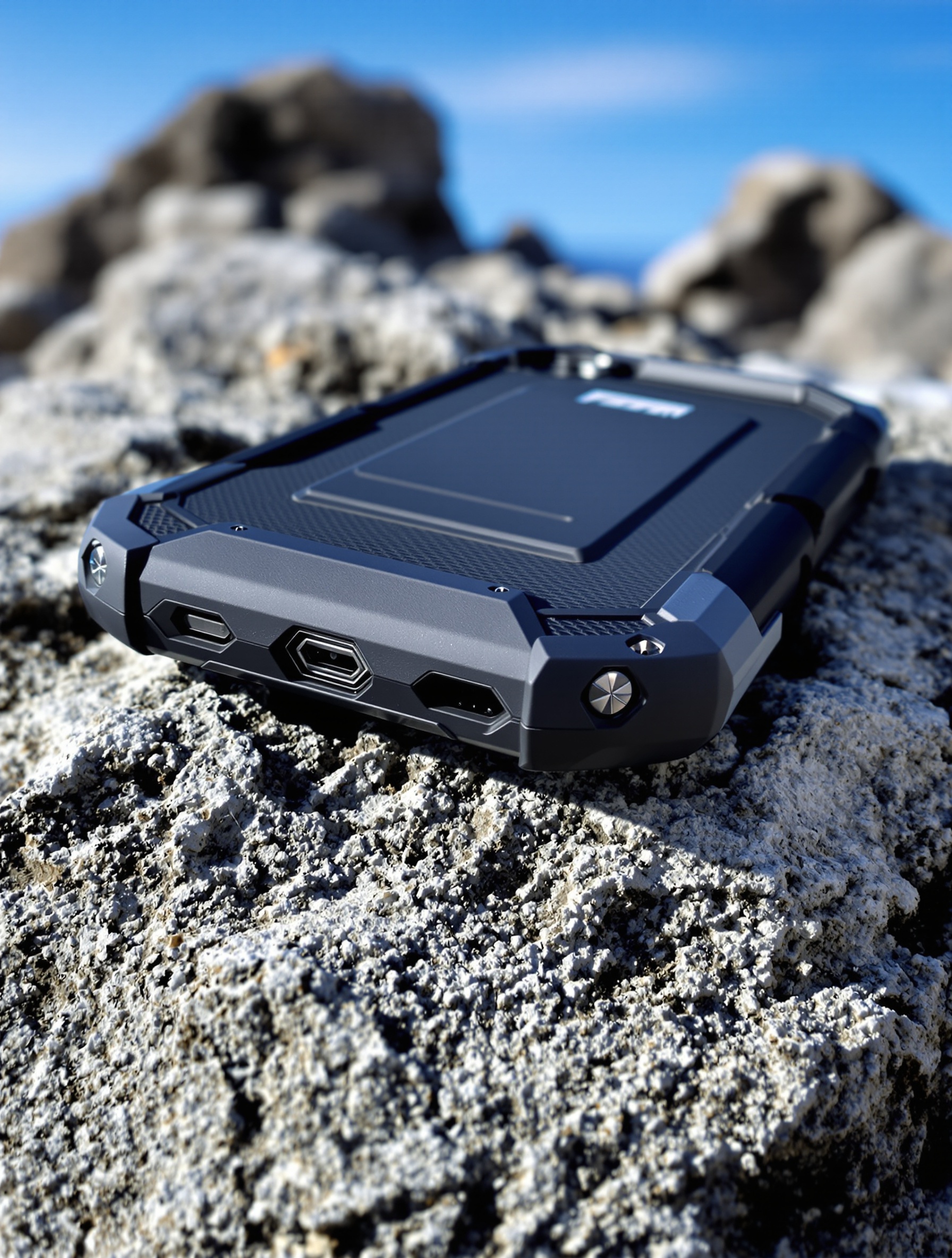 Smartphone rugged Tesla EXPLR9 sur rocher