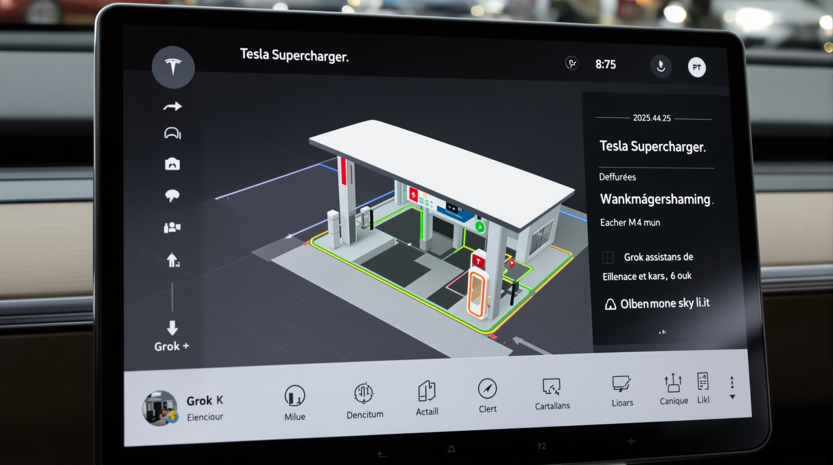 Capture d'écran interface Tesla 2025.44.25 avec visualisation 3D Superchargeur et icône Grok