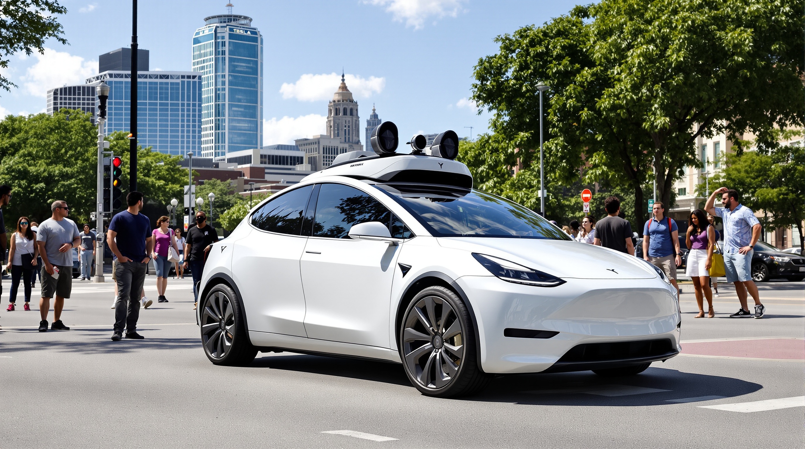Tesla Model Y Robotaxi à Austin, observé par des piétons