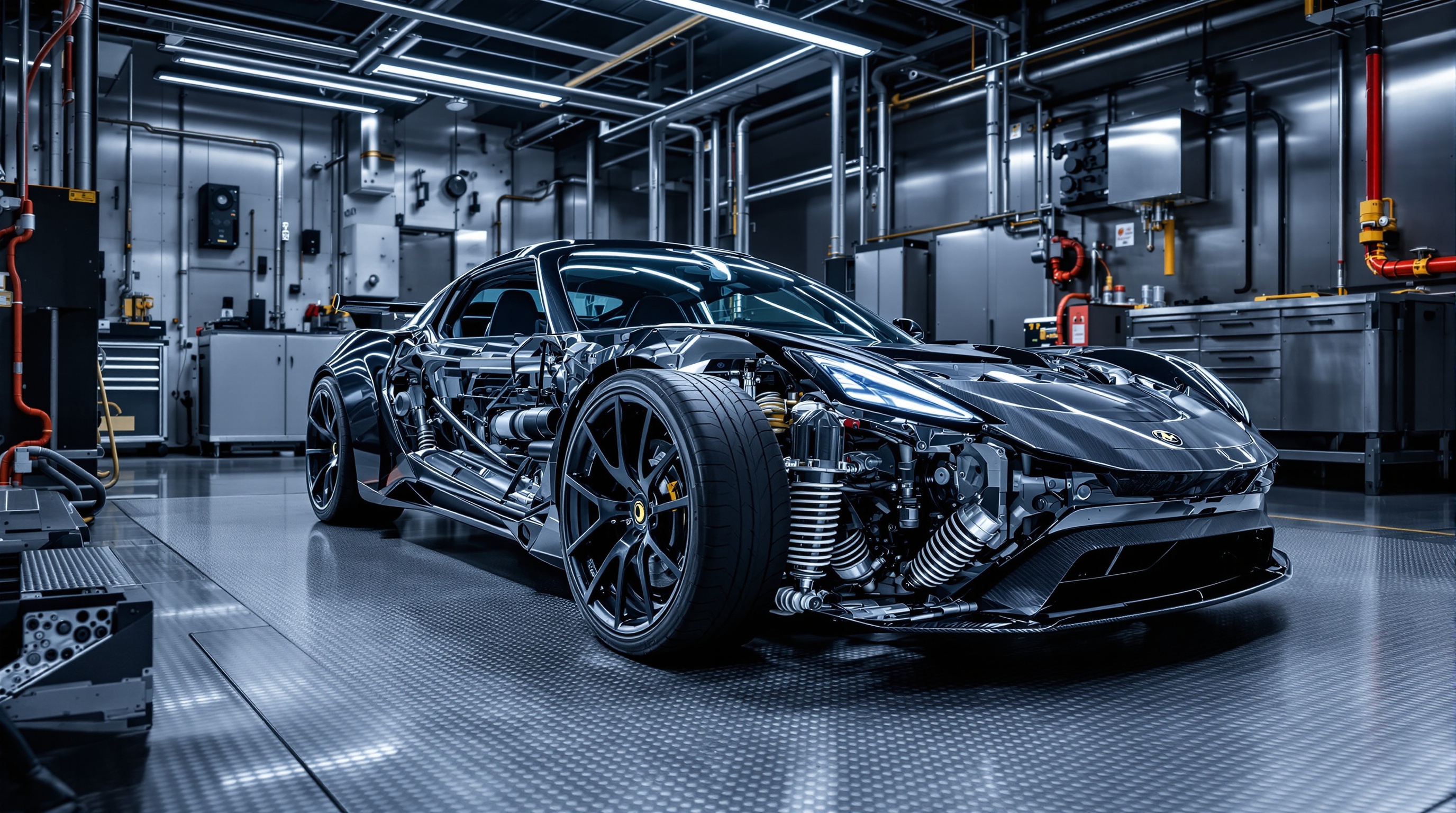 Prototype Tesla Roadster basé sur Lotus Elise dans un atelier