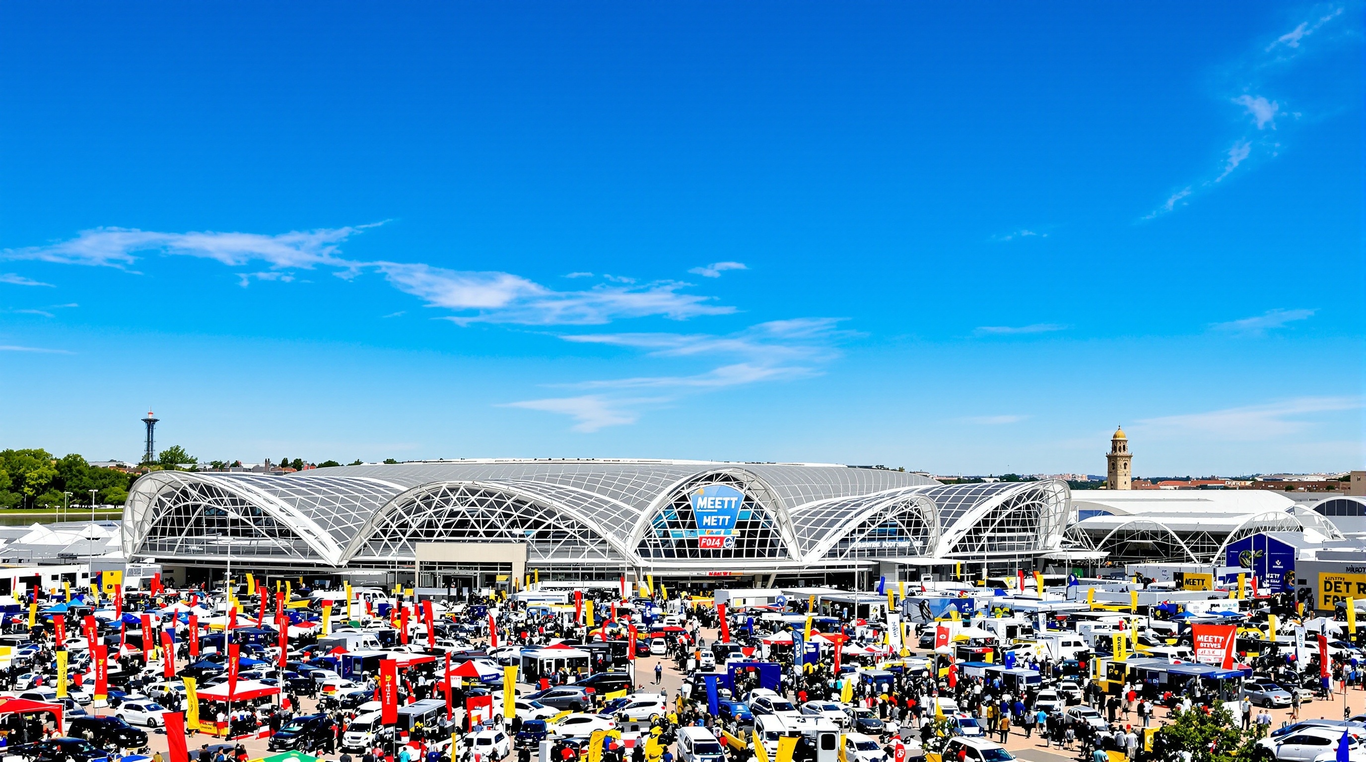 Vue aérienne du MEETT à Toulouse pendant un salon auto moto, foule, stands automobiles et motos modernes et classiques, ambiance festive.