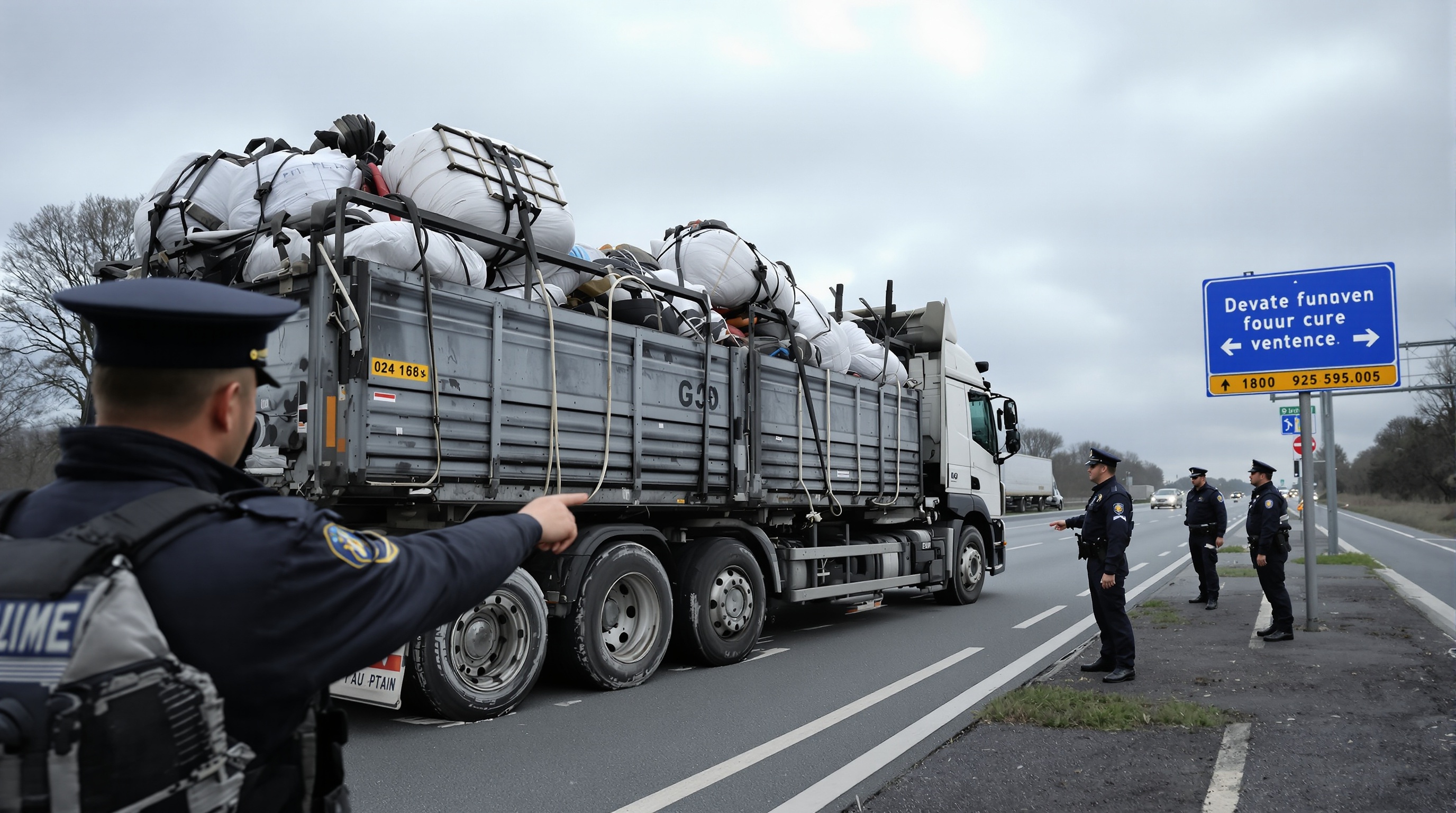 Utilitaire surchargé lors d'un contrôle routier ; pneus déformés sous la contrainte