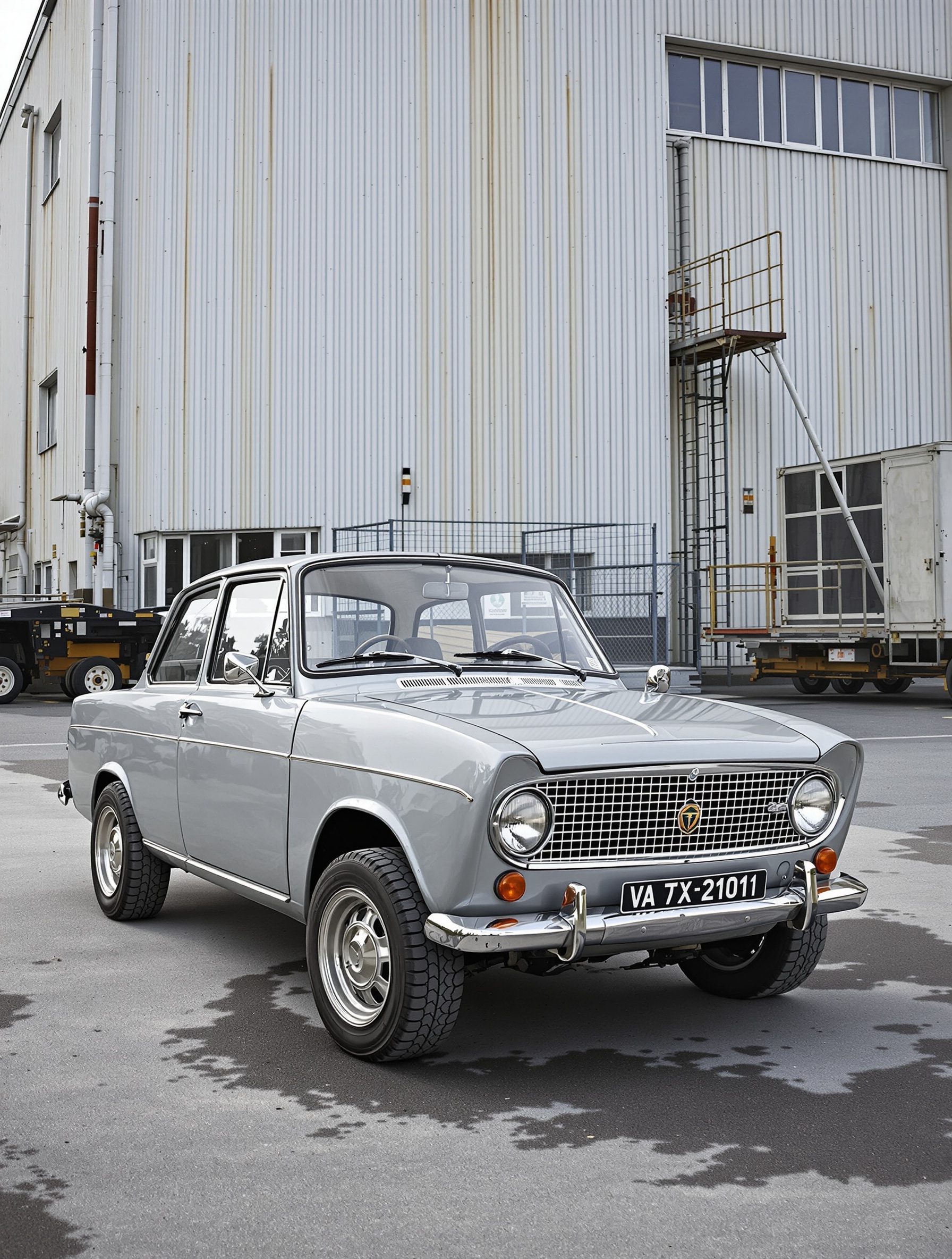 La VAZ-2101 (Lada Jigouli) en gros plan devant son usine historique soviétique, lignes classiques et robustesse affichée.