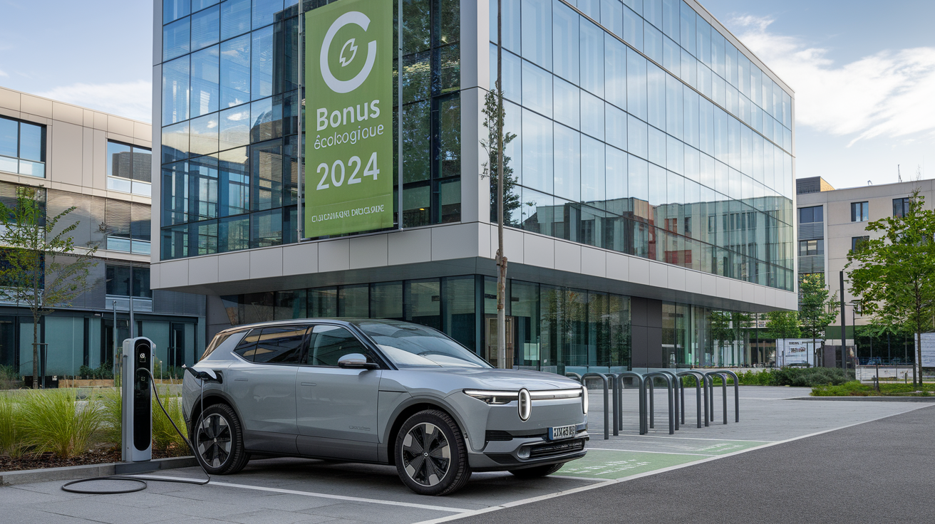 Un véhicule électrique d'entreprise avec une mention 'Bonus écologique 2024'