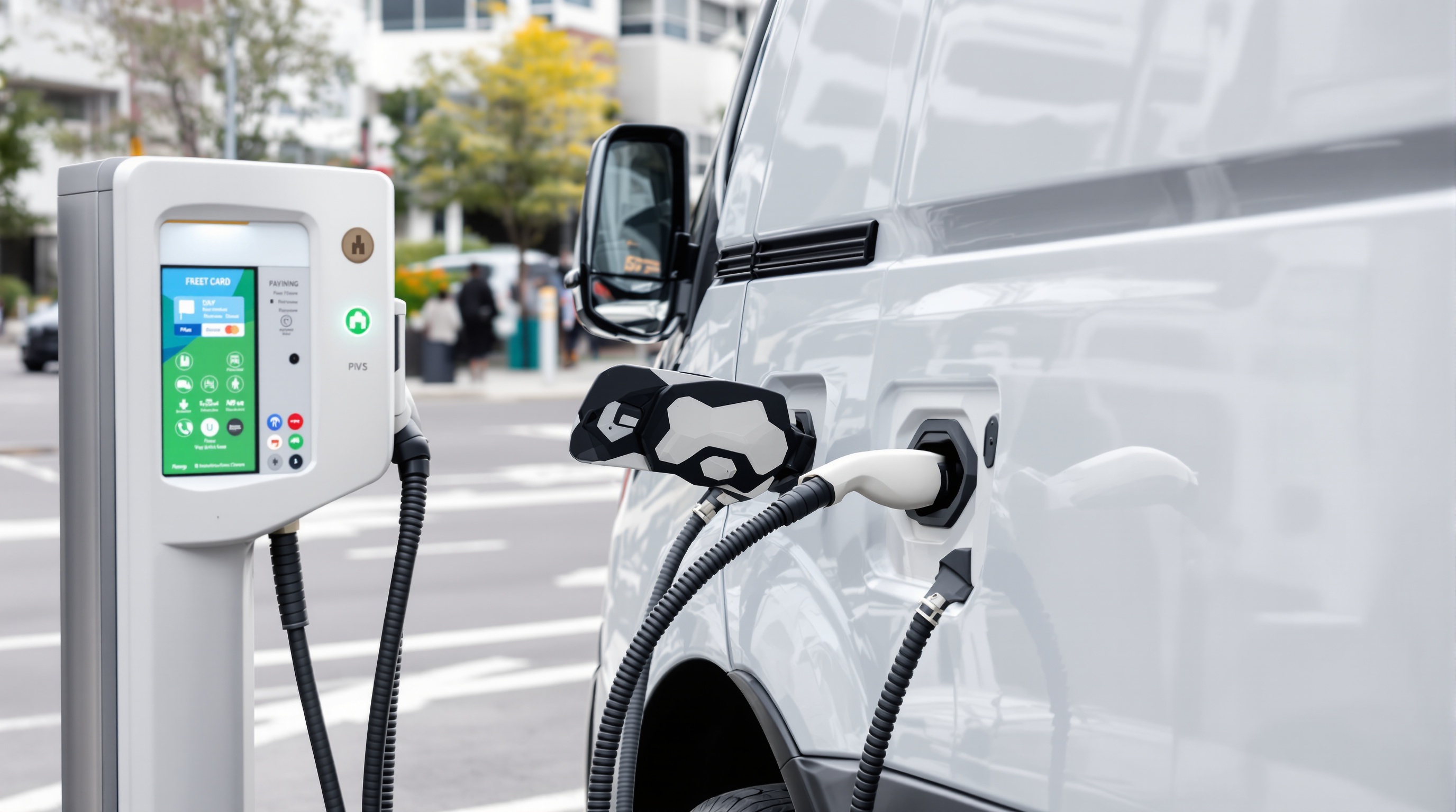 Utilitaire blanc branché sur borne de recharge publique avec terminal de paiement carte flotte – gestion flotte pro électrique