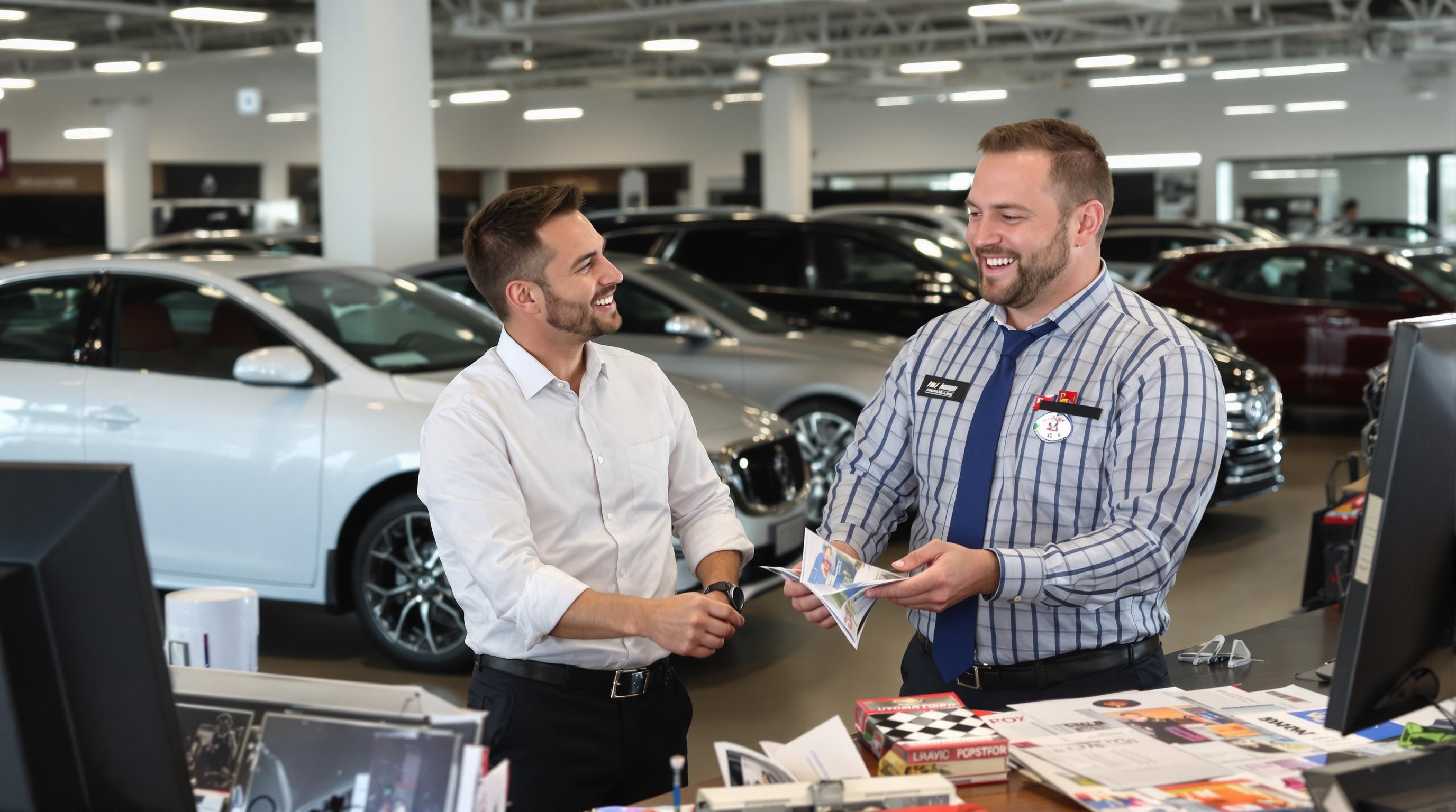 Un vendeur automobile en interaction avec un client dans une concession moderne.