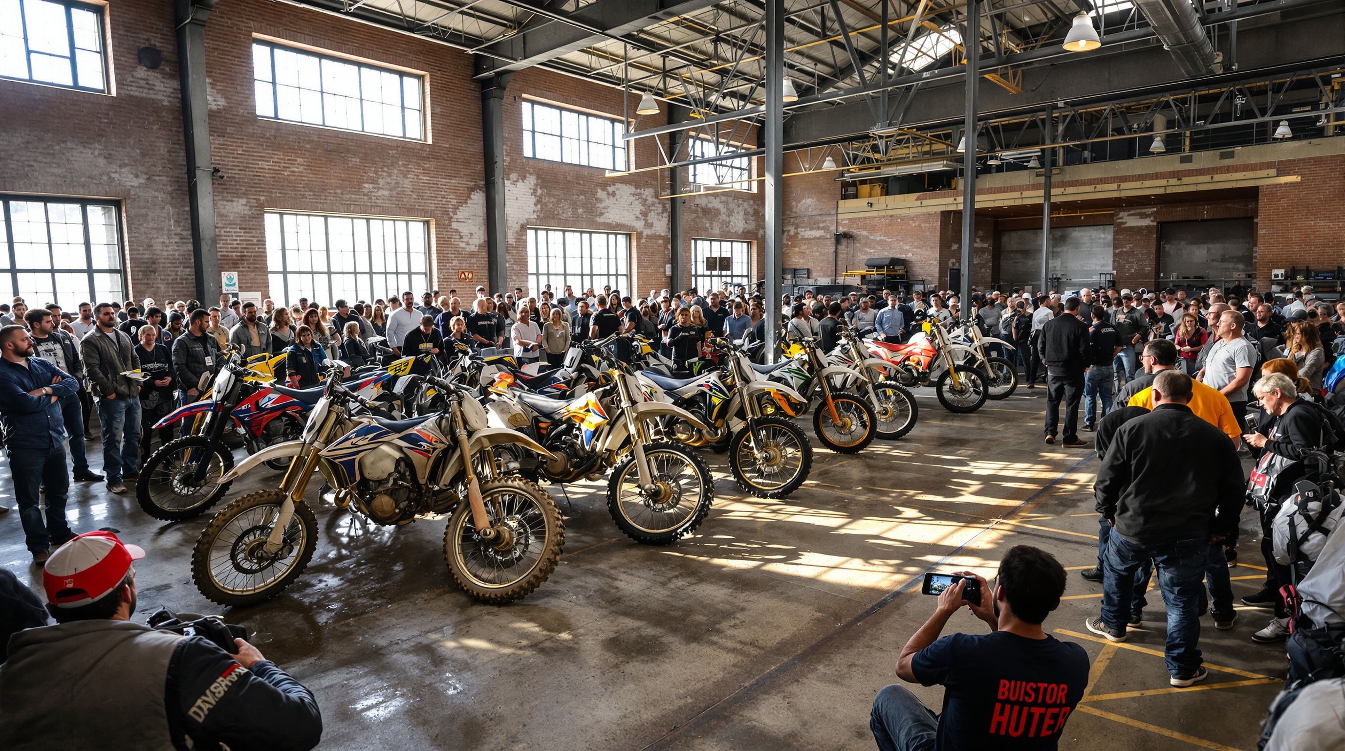 vente aux enchères moto cross - salle pleine, machines alignées, ambiance authentique