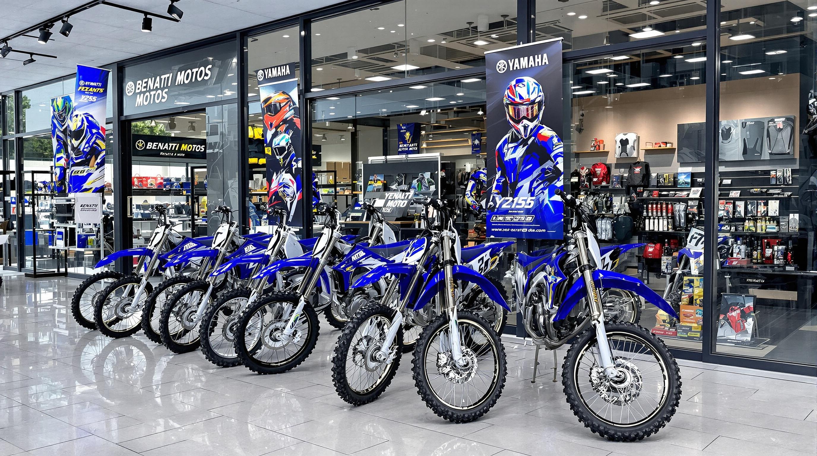 Vitrine d'un concessionnaire Yamaha avec des YZ125 2025 alignées