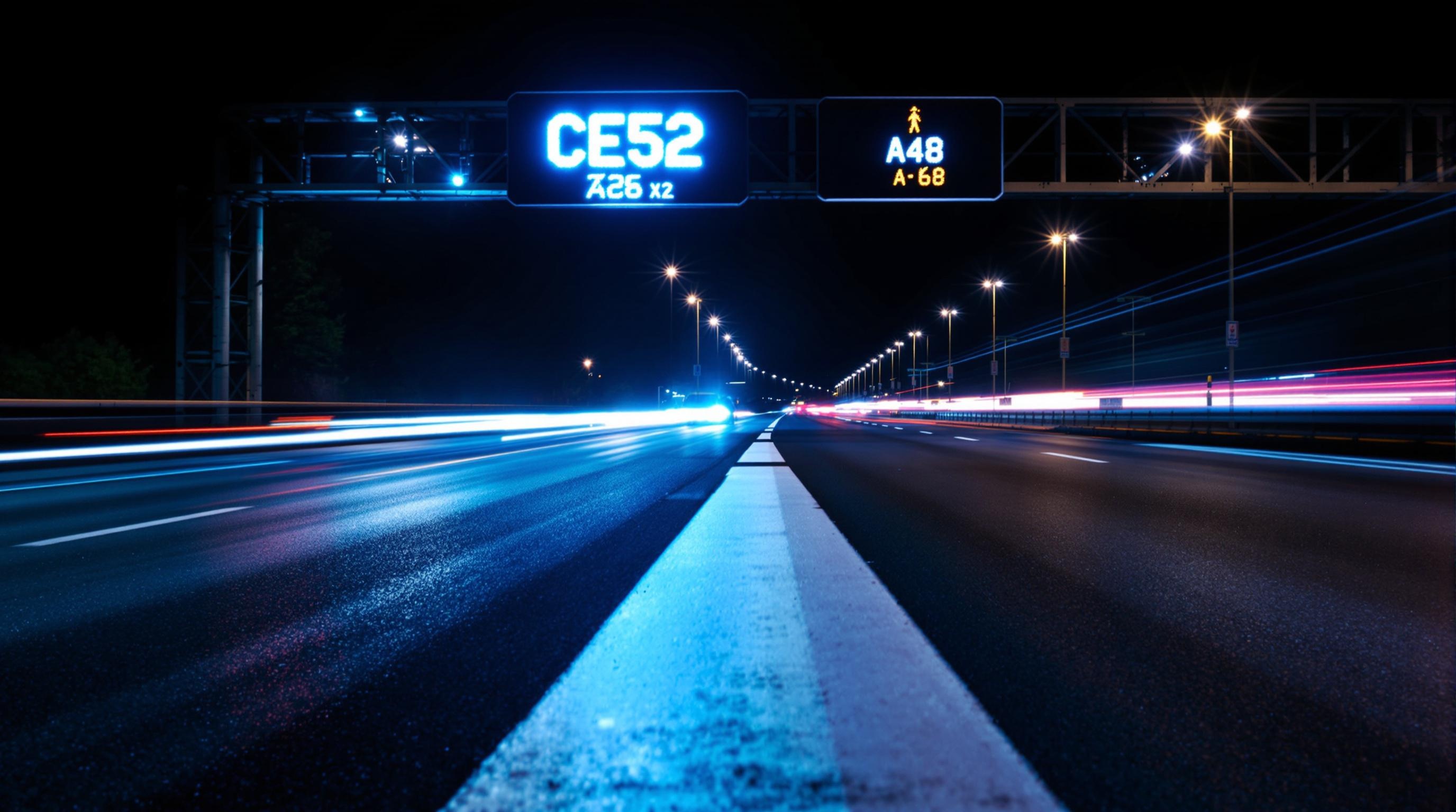 Voie réservée au covoiturage sur l'A48 avec panneau CE52 nocturne et afficheur LED