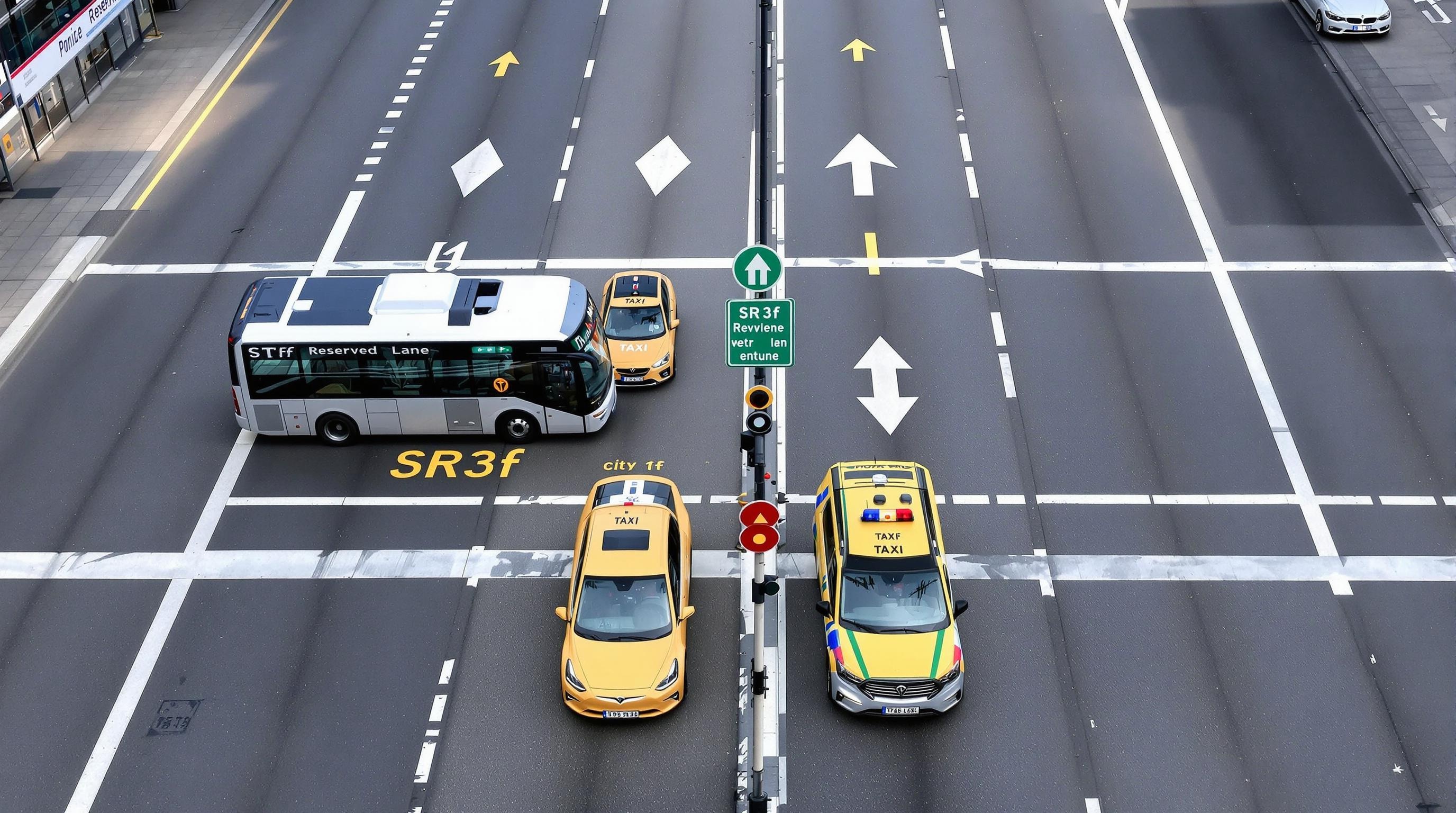 vue aérienne voie réservée périphérique parisien marquage losange bus taxi tesla ambulance panneau SR3f