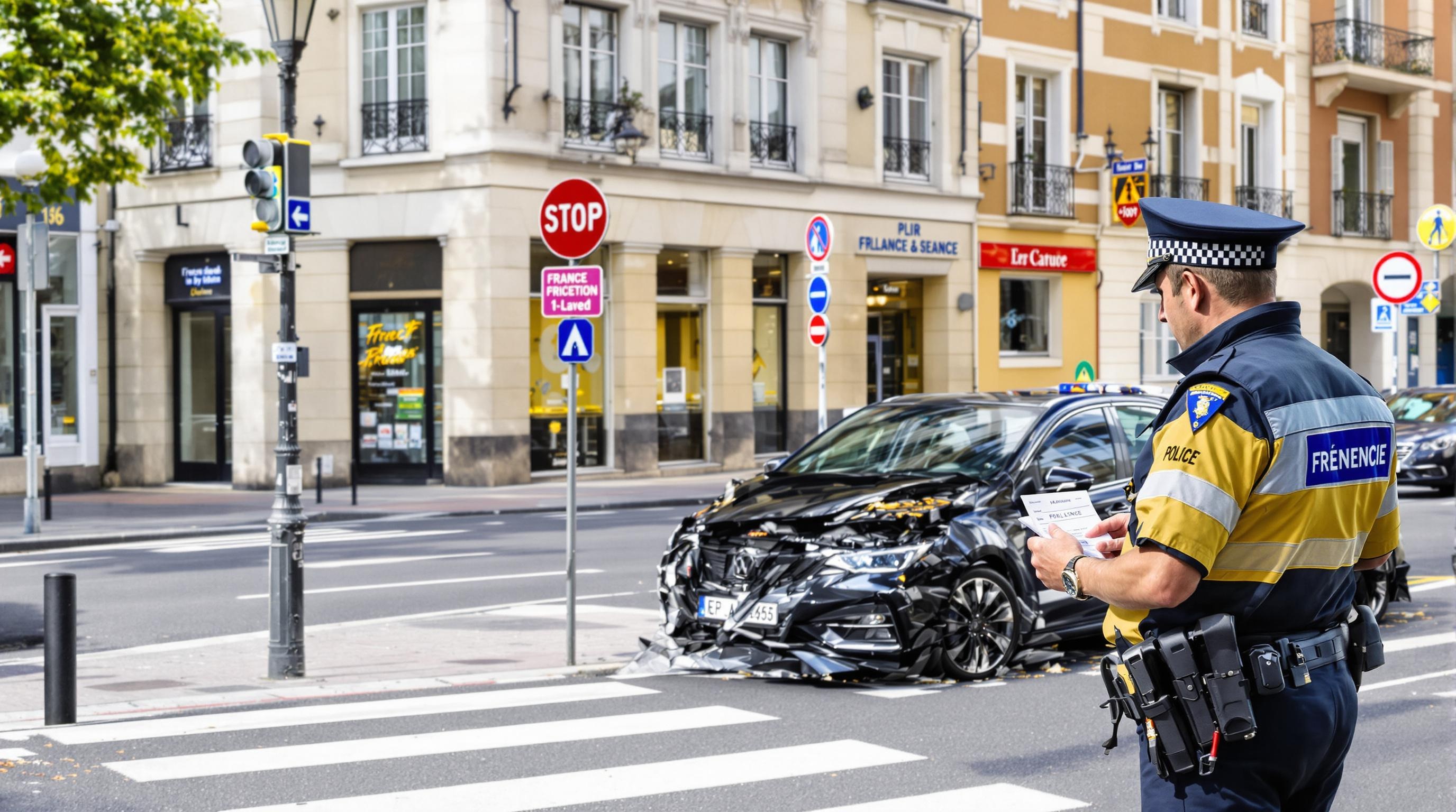Voiture mal garée sur trottoir, agent de police rédigeant une contravention, ambiance urbaine française