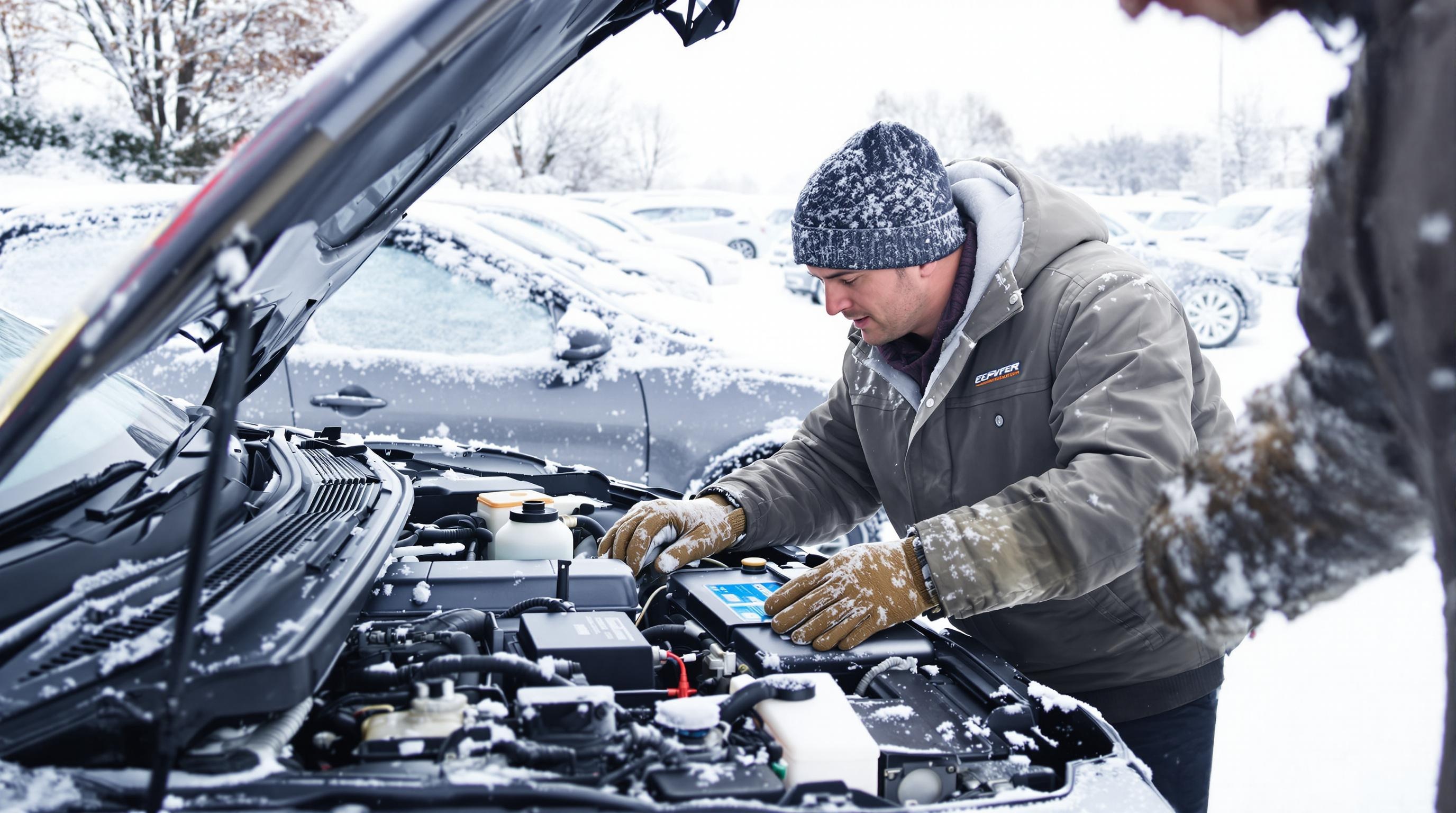 Voiture sur parking enneigé contrôle pneus hiver batterie liquide antigel