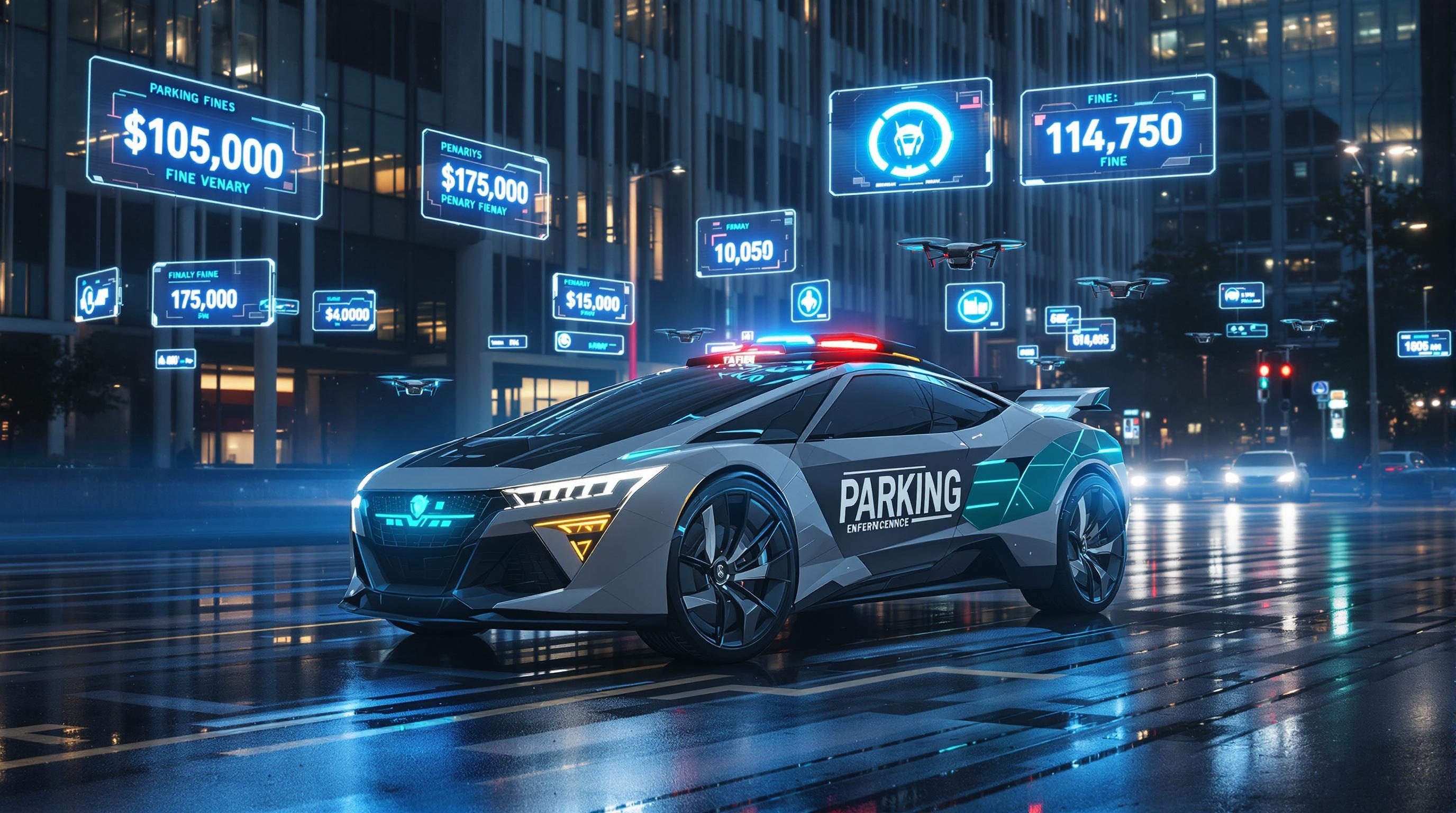 Voiture-radar futuriste entourée de drones et d'écrans statistiques en ville.