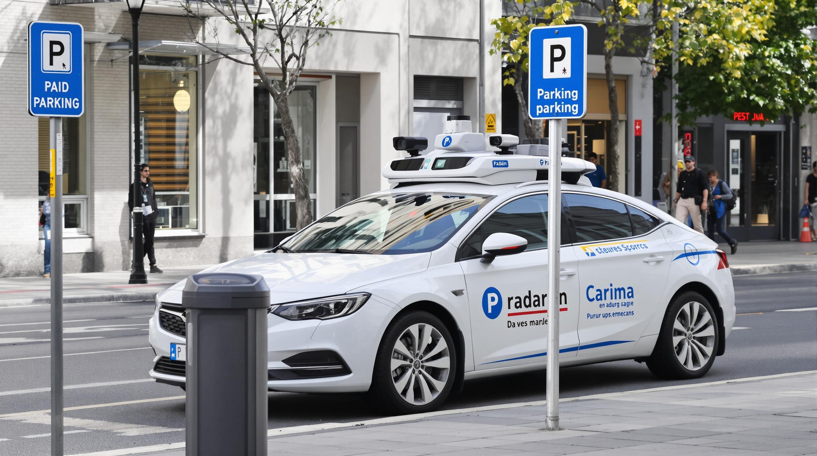 Voiture radar en action devant un panneau de stationnement payant à Lyon.